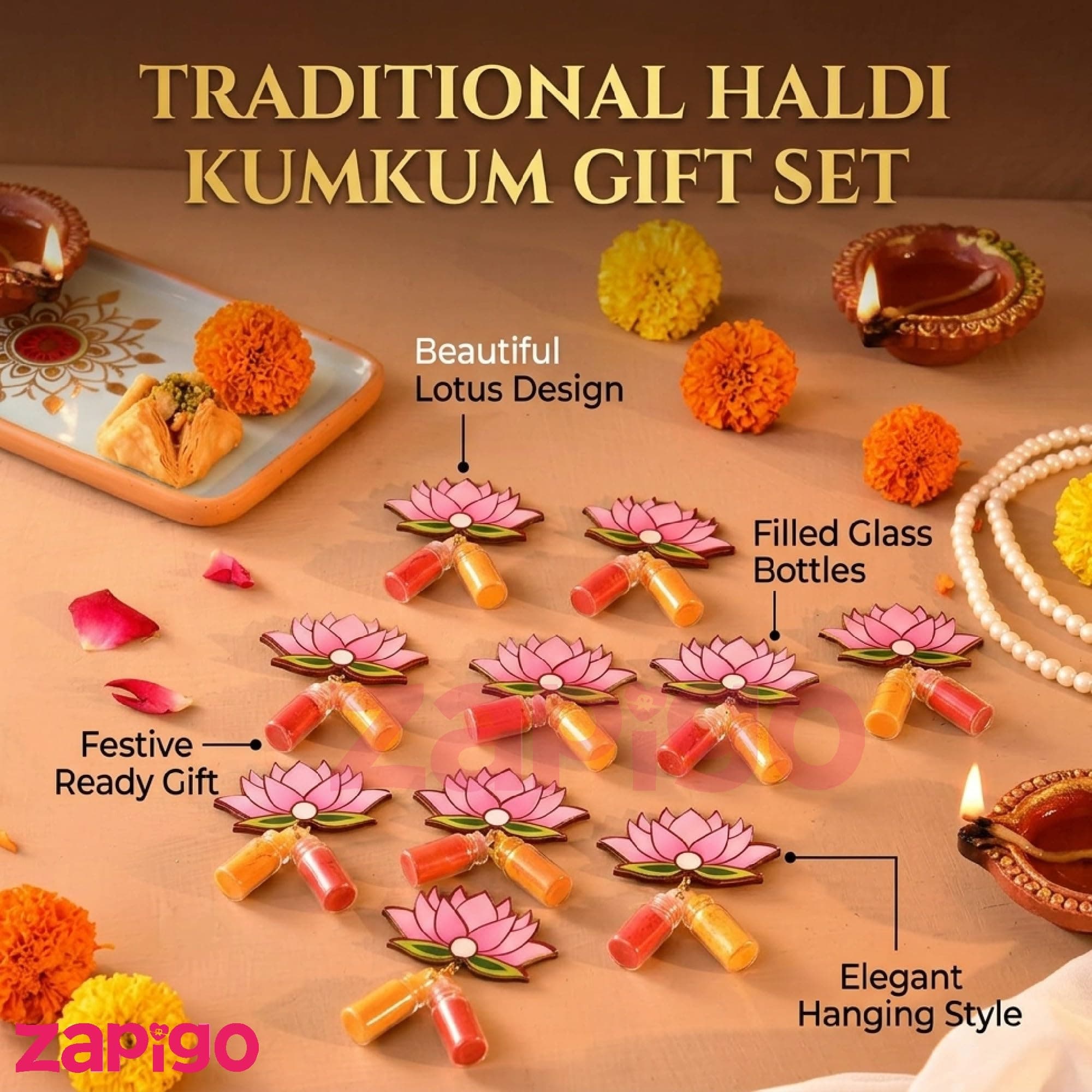 Habba Lotus Design Haldi Kumkum Set, Pasupu Kumkum Dome Glass Bottle, Traditional Return Gift for Pooja, Diwali, Navratri, Varalakshmi Vratham, Wedding & Festivals - Pack of 5 thumbnail 3