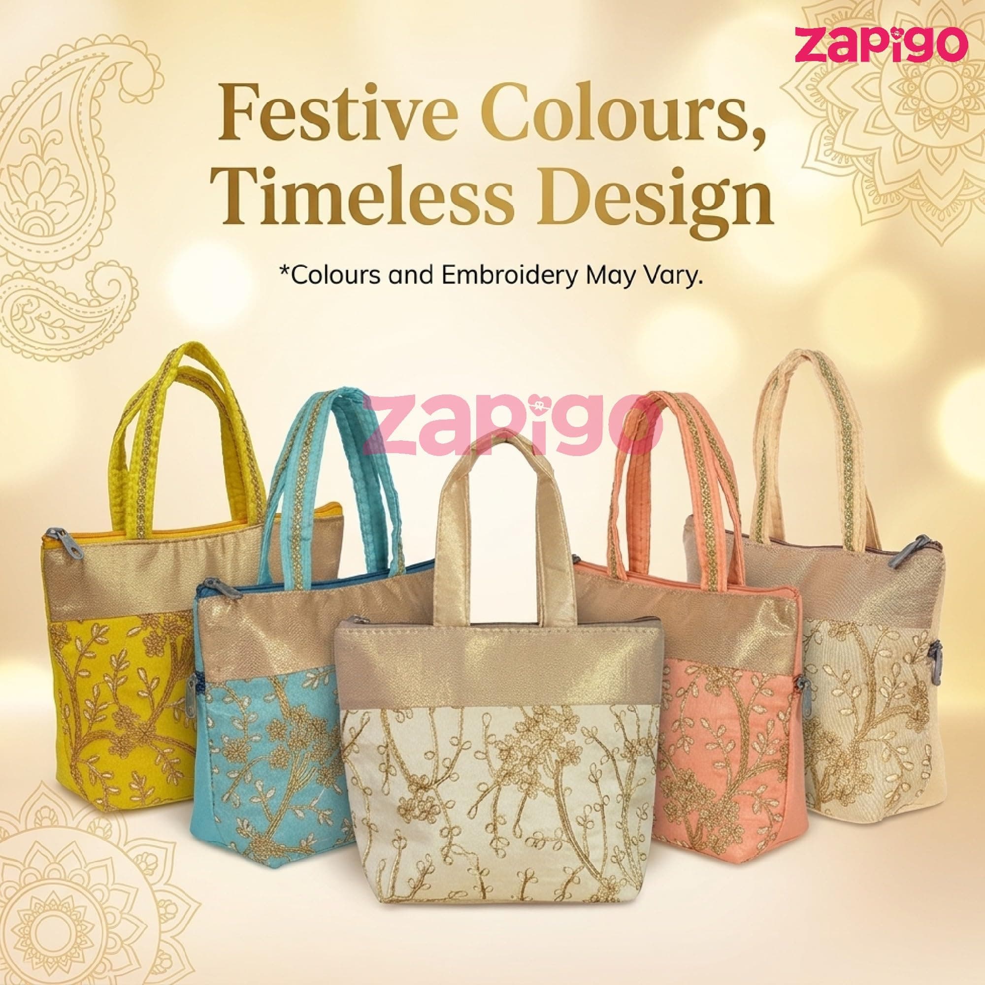 Habba Embroidery Design Hand Bag for Women, Padded Handles, Zip Closure, Compact Ethnic Festive Wedding, Mehendi, Haldi Kumkum, Tamboolam, Shagun, Return Gift Bag for Guests, Pack of 5 thumbnail 7