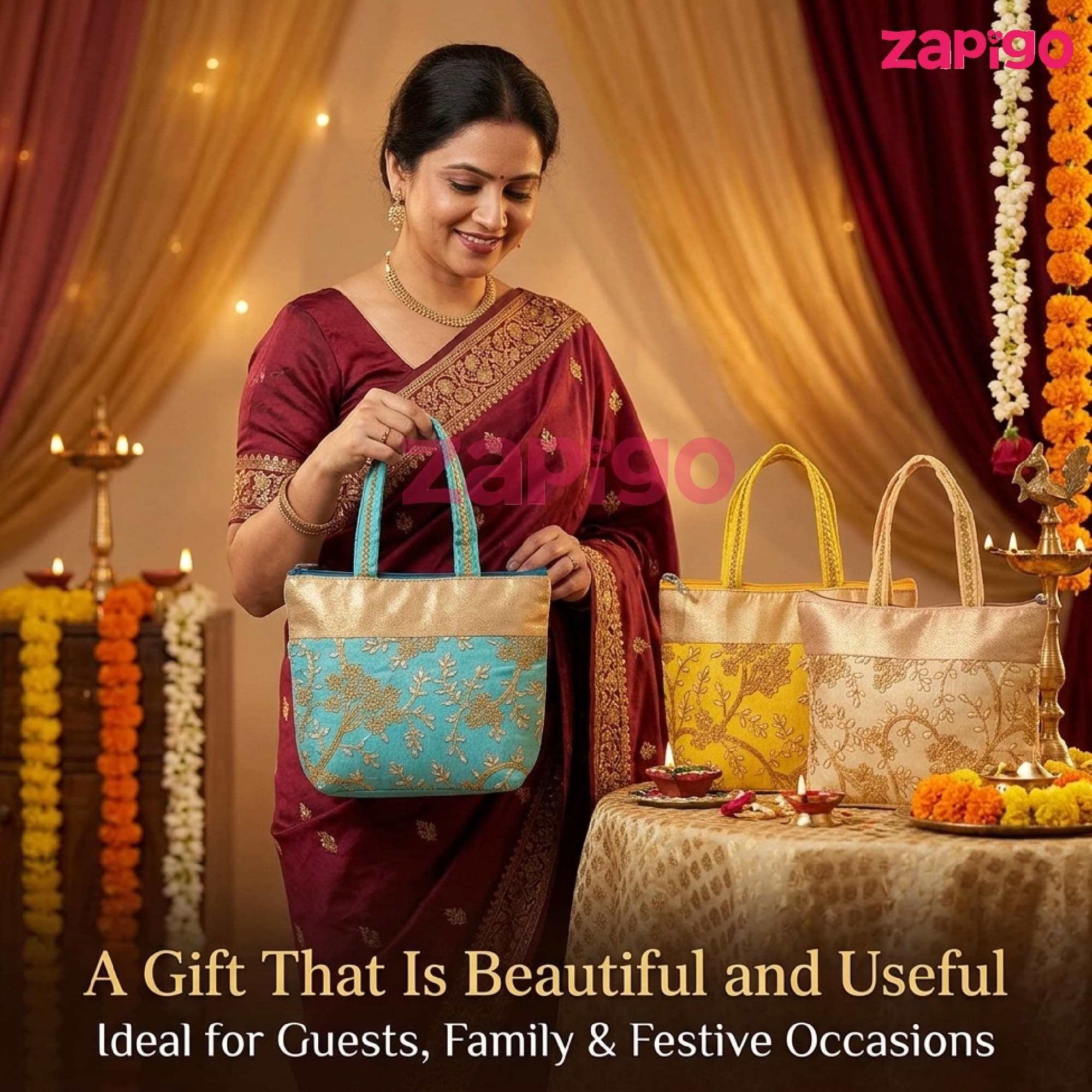 Habba Embroidery Design Hand Bag for Women, Padded Handles, Zip Closure, Compact Ethnic Festive Wedding, Mehendi, Haldi Kumkum, Tamboolam, Shagun, Return Gift Bag for Guests, Pack of 5 thumbnail 8