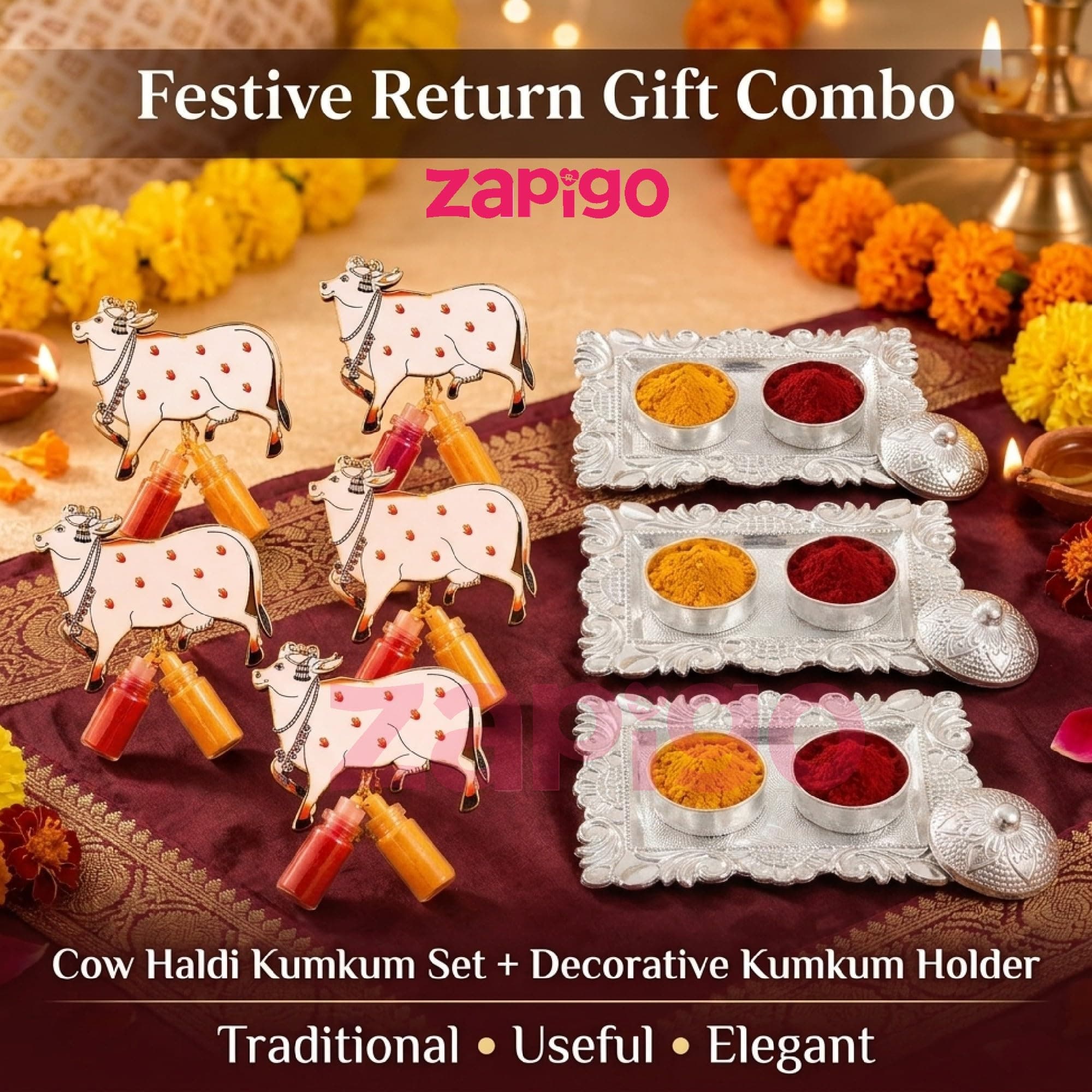 Habba Cow Design Haldi Kumkum Set with Silver Kumkum Holder, Traditional Pasupu Kumkuma Gift for Pooja, Diwali, Navratri, Wedding, Housewarming & Tambulam Return Gifts - Pack of 5 thumbnail 8