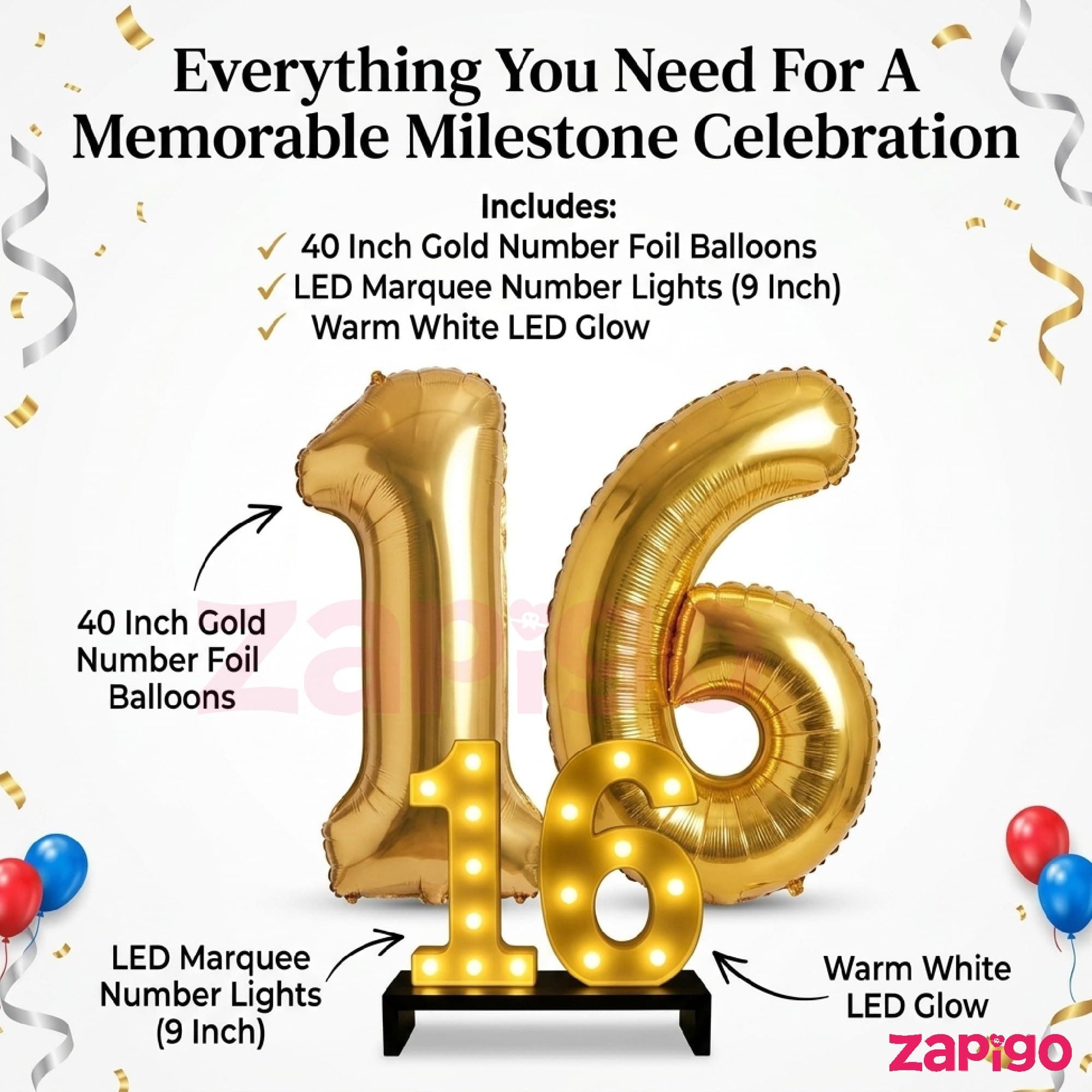 Balloonistics 9th Birthday Decoration Combo Kit - 40 Inch Gold Foil Number Balloon, LED Marquee Light, 50 Black & Gold Balloons, Happy Birthday Banner, Balloon Pump & Glue Dots thumbnail 8