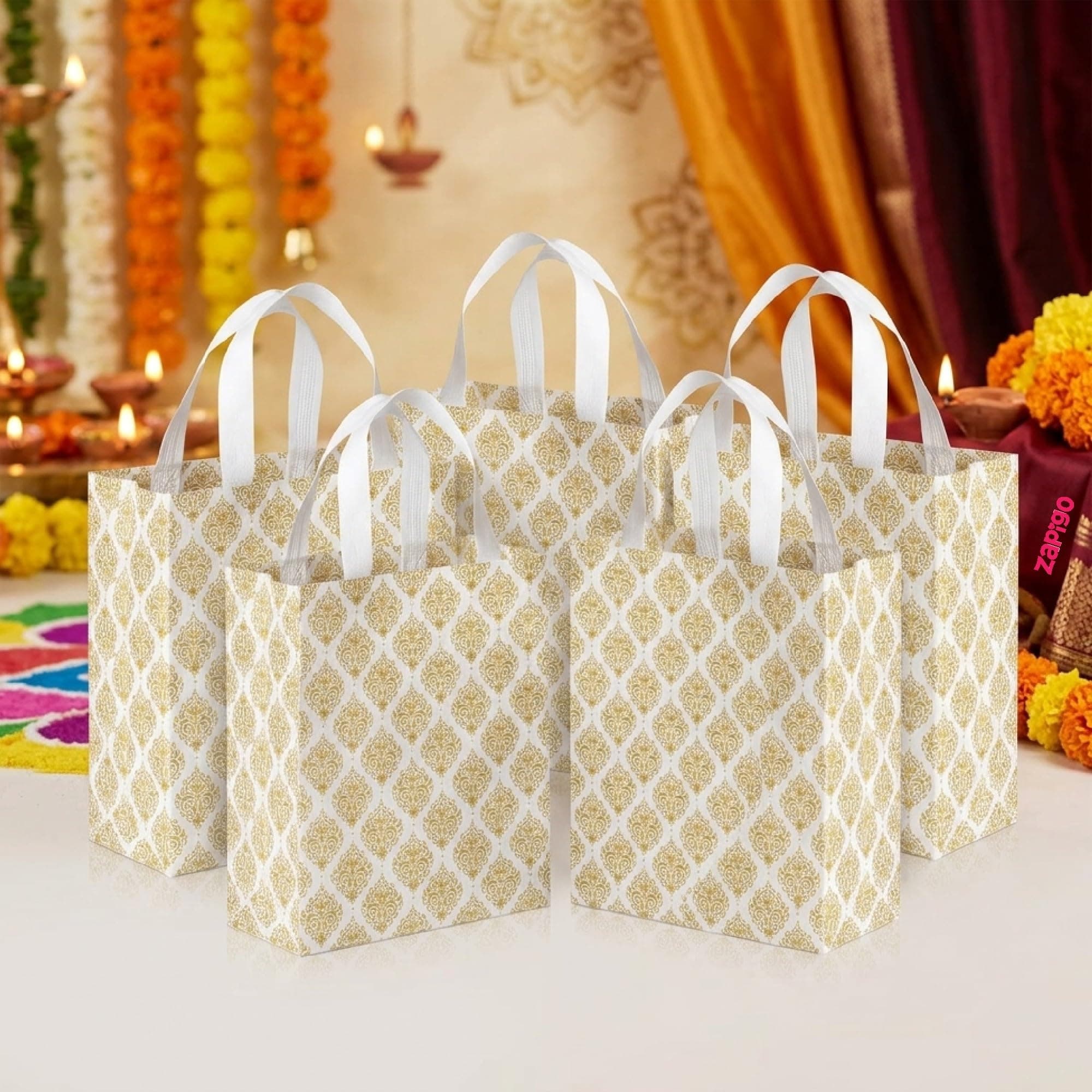 Habba Laminated Carry Bag 7 x 10 Inch, Decorative Non-Woven Gift Bag with Strong Handles, Reusable Festive Bag for Return Gifts, Pooja, Diwali, Wedding, Housewarming & Festival Hampers - Pack of 10