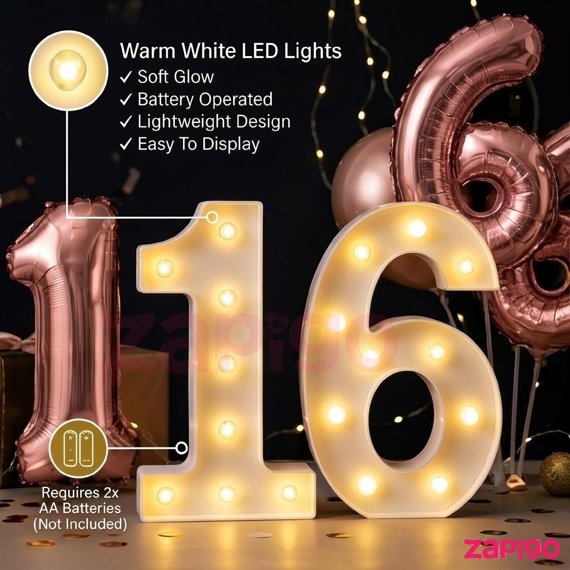 Balloonistics Rose Gold 40-Inch Foil Number 8 Balloon with Matching LED Marquee Light - Combo Set for 8th Birthday, Anniversary, Party Decoration, Photo Booth Backdrop thumbnail 8