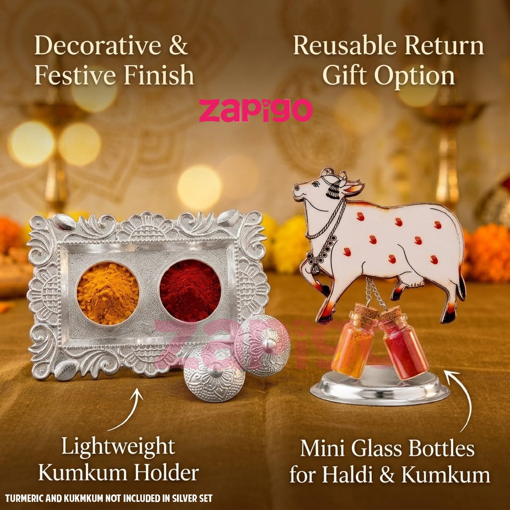 Habba Cow Design Haldi Kumkum Set with Silver Kumkum Holder, Traditional Pasupu Kumkuma Gift for Pooja, Diwali, Navratri, Wedding, Housewarming & Tambulam Return Gifts - Pack of 5 thumbnail 7