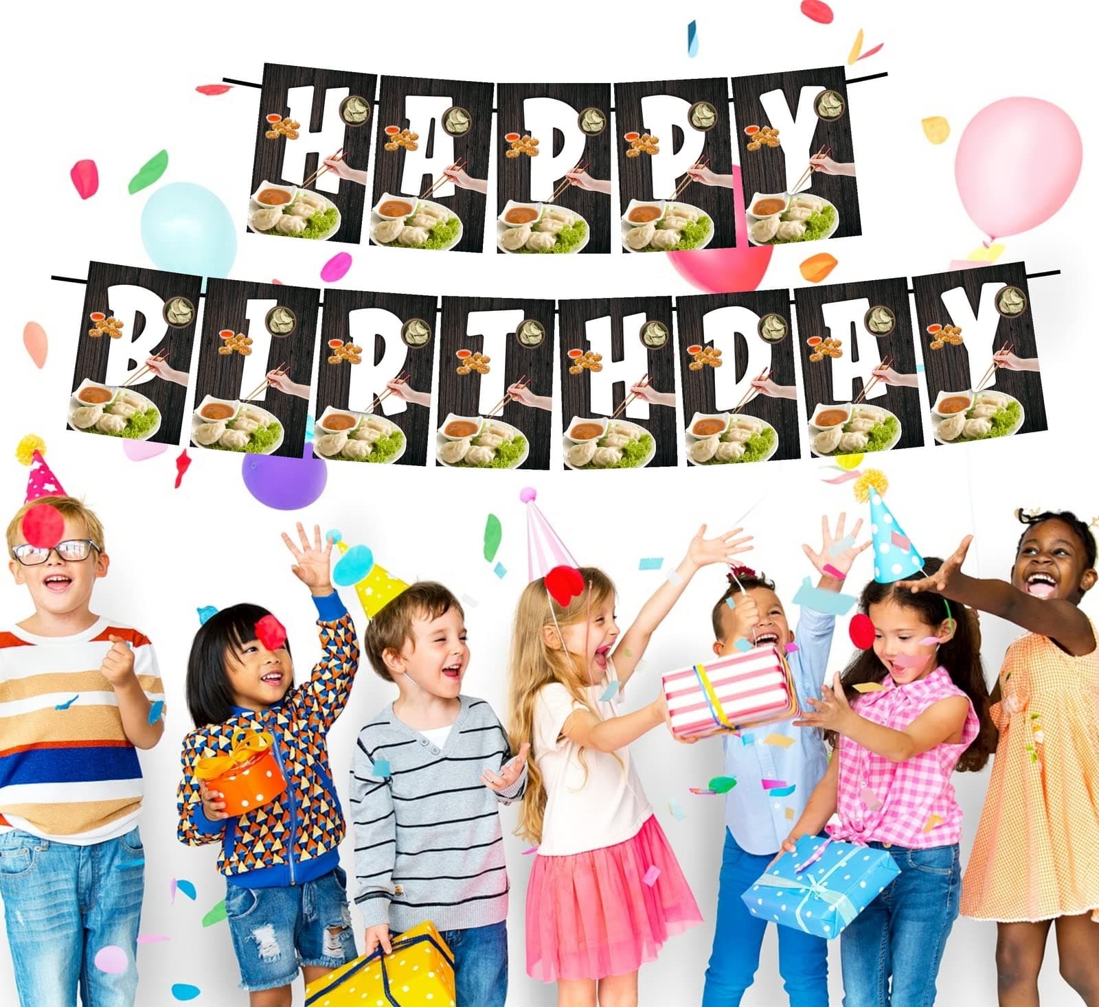 Balloonistics Momos Theme Happy Birthday Banner Premium Cardstock Dumpling Party Decorations Birthday Backdrop for Momo Lovers Including Ribbon thumbnail 2