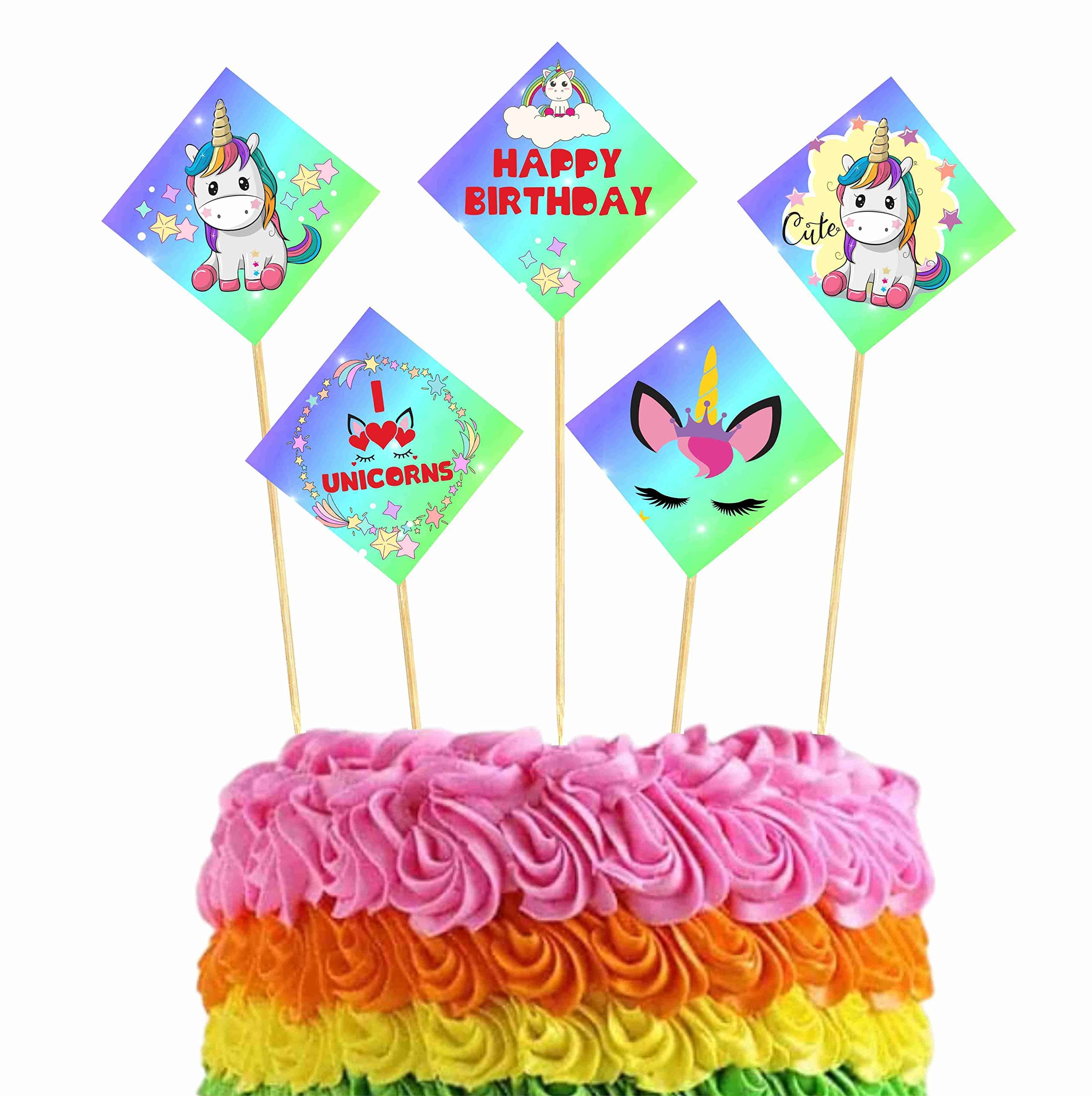 Balloonistics Unicorn Theme Cake Topper Set Double-Sided Cardstock with Bamboo Sticks Party Decorations for Girls Birthday Celebrations Backdrop (Cake Topper - Pack of 10)