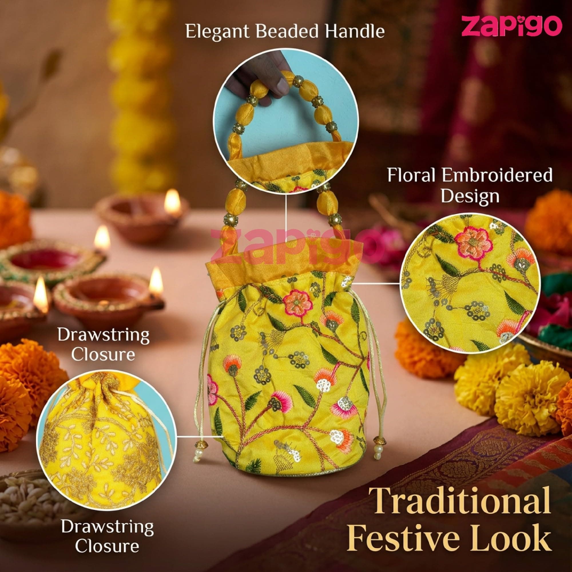 Habba Embroidered Potli Bag with Handle, Drawstring Closure, Compact Ethnic Festive Shagun & Return Gift Bag for Women, Weddings, Mehendi, Haldi Kumkum, Diwali, Navratri, Baby Showers, Pack of 5 thumbnail 2