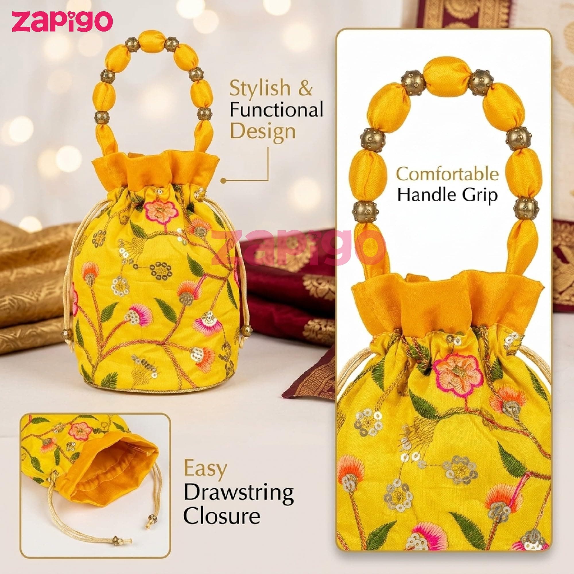 Habba Embroidered Potli Bag with Handle, Drawstring Closure, Compact Ethnic Festive Shagun & Return Gift Bag for Women, Weddings, Mehendi, Engagement, Diwali, Navratri, Baby Shower, Pack of 10 thumbnail 5