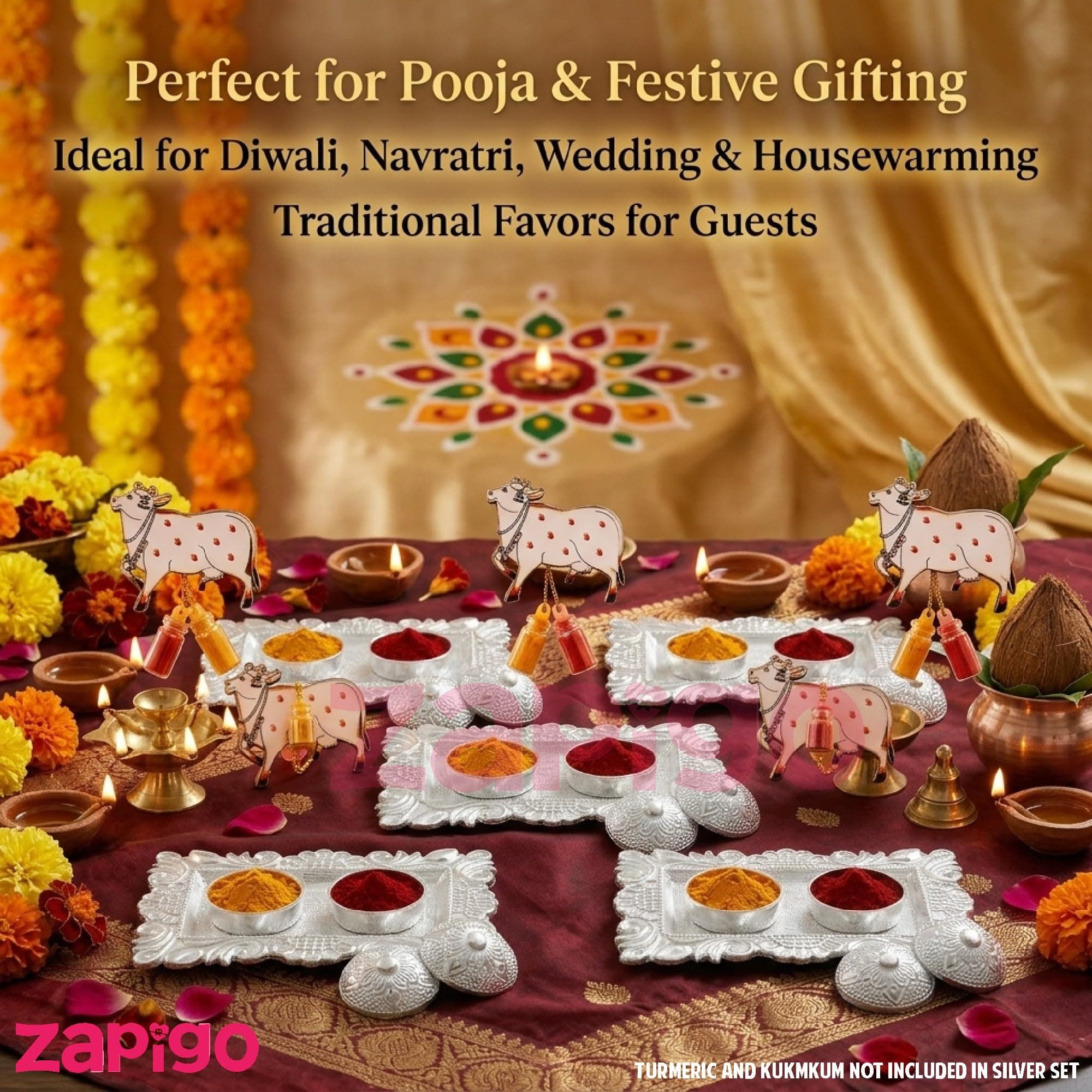Habba Cow Design Haldi Kumkum Set with Silver Kumkum Holder, Traditional Pasupu Kumkuma Gift for Pooja, Diwali, Navratri, Wedding, Housewarming & Tambulam Return Gifts - Pack of 5 thumbnail 3