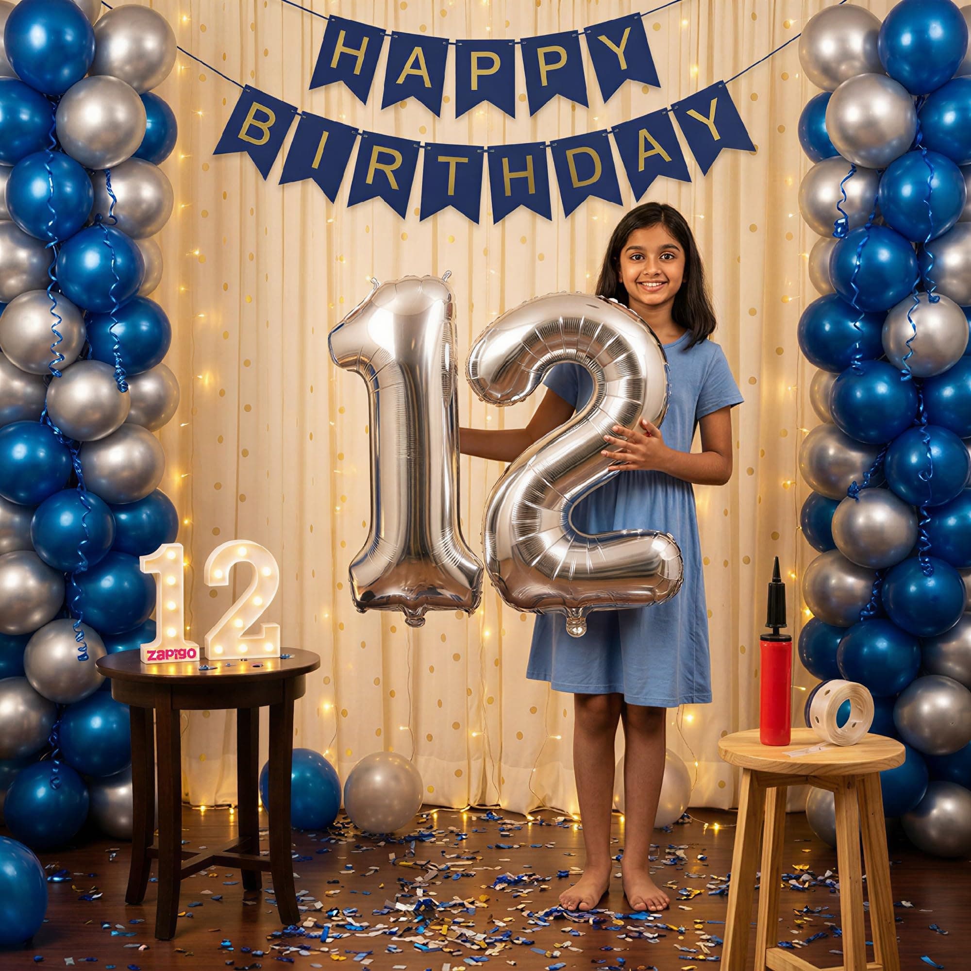 Balloonistics 12th Birthday Decoration Combo Kit - 40 Inch Silver Foil Number Balloon, LED Marquee Light, 50 Silver & Blue Balloons, Happy Birthday Banner, Balloon Pump & Glue Dots thumbnail 1