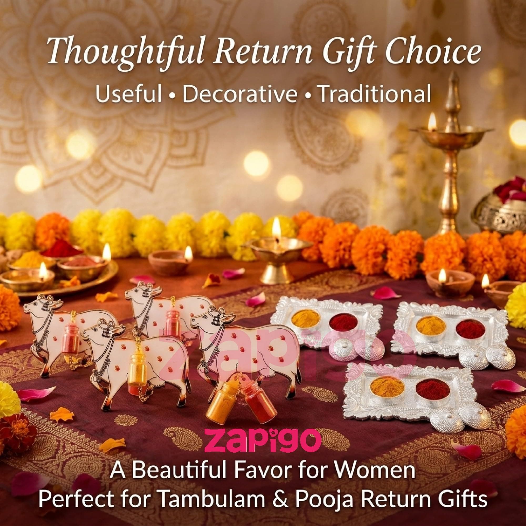 Habba Cow Design Haldi Kumkum Set with Silver Kumkum Holder, Traditional Pasupu Kumkuma Gift for Pooja, Diwali, Navratri, Wedding, Housewarming & Tambulam Return Gifts - Pack of 5 thumbnail 5