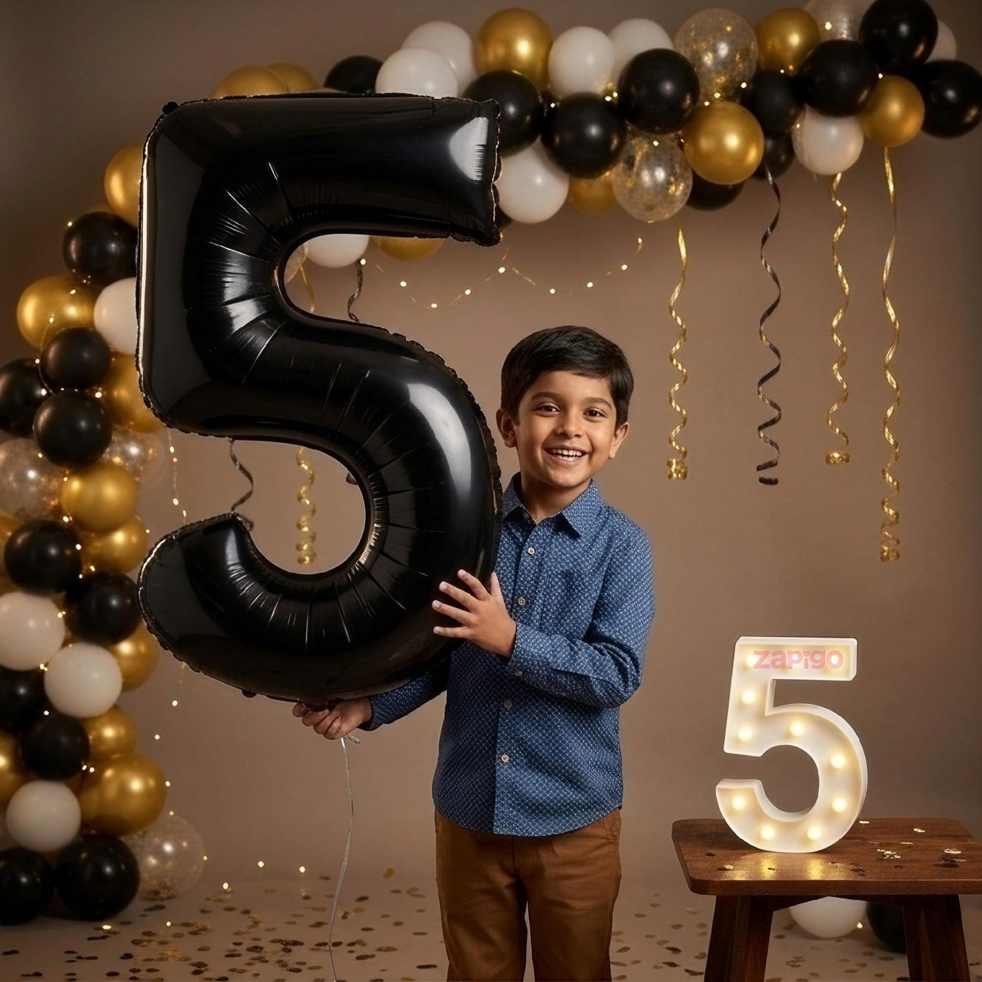 Balloonistics Black 40-Inch Foil Number 5 Balloon with Matching LED Marquee Light - Combo Set for 5th Birthday, Anniversary, Party Decoration, Photo Booth Backdrop thumbnail 1