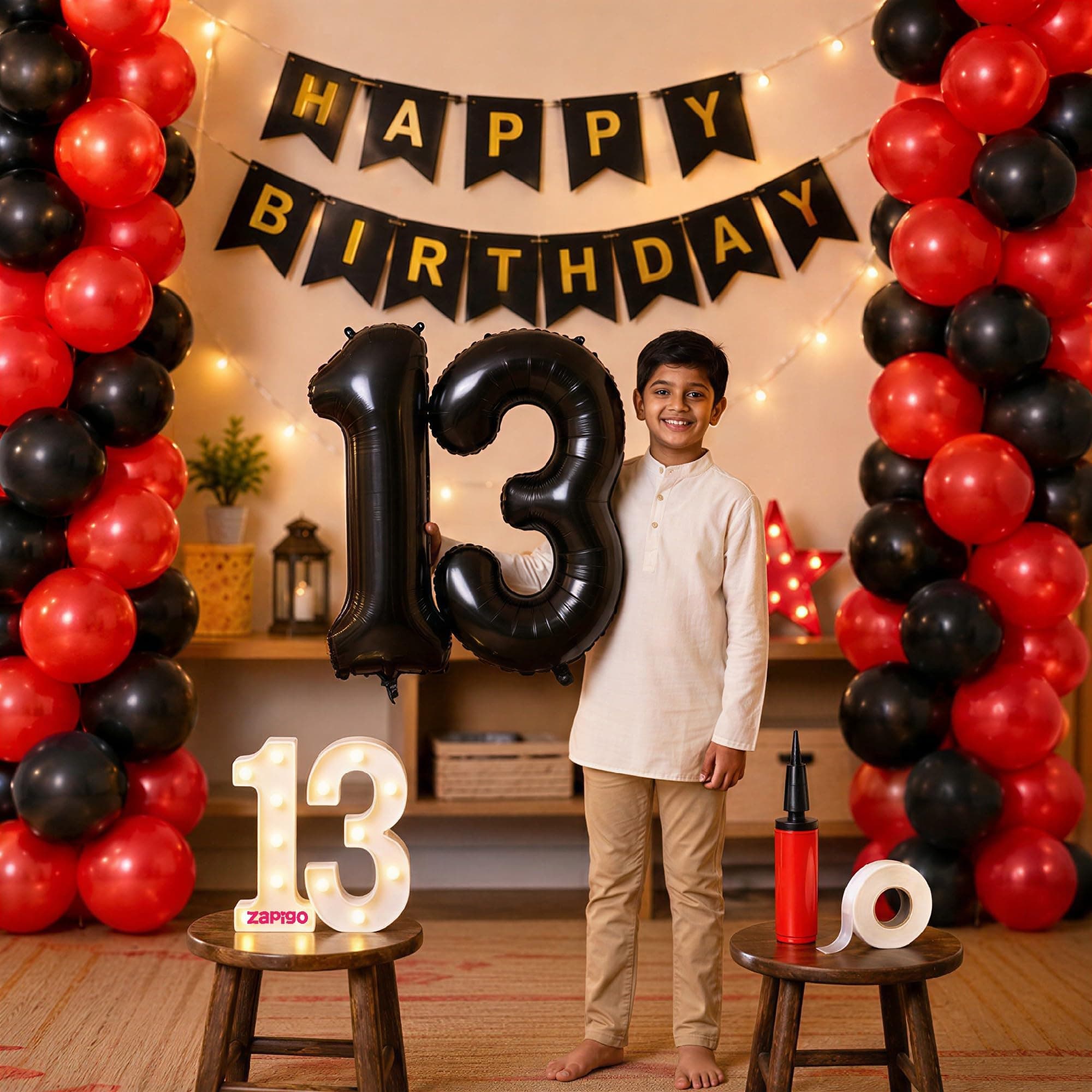 Balloonistics 13th Birthday Decoration Combo Kit - 40 Inch Black Foil Number Balloon, LED Marquee Light, 50 Black & Red Balloons, Happy Birthday Banner, Balloon Pump & Glue Dots thumbnail 1