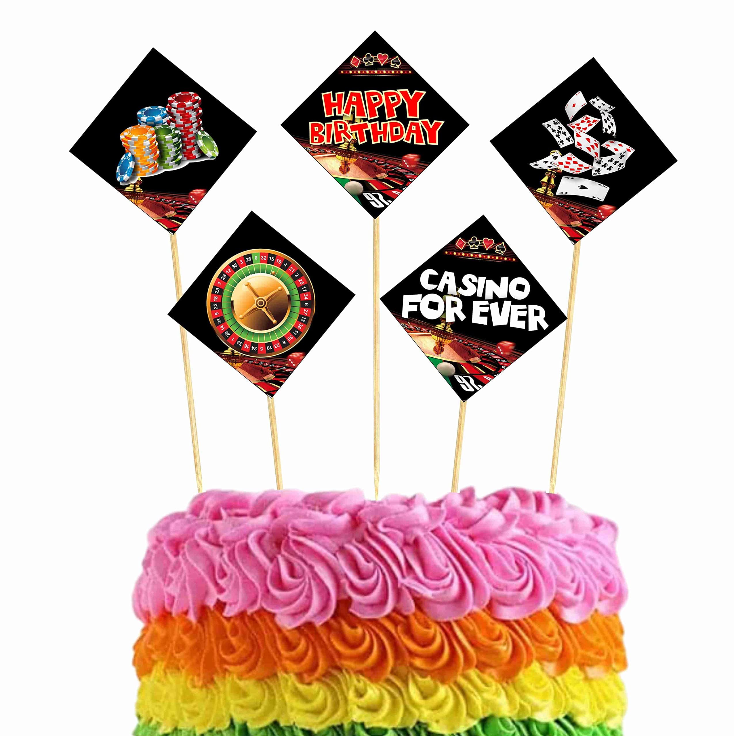 Balloonistics Casino Theme Cake Toppers (Pack of 10) - Las Vegas Style Birthday Cake Decorations - Premium Cardstock Cupcake Picks with Bamboo Sticks for Poker Night, Casino Royale (Cake Topper - Pack of 10)