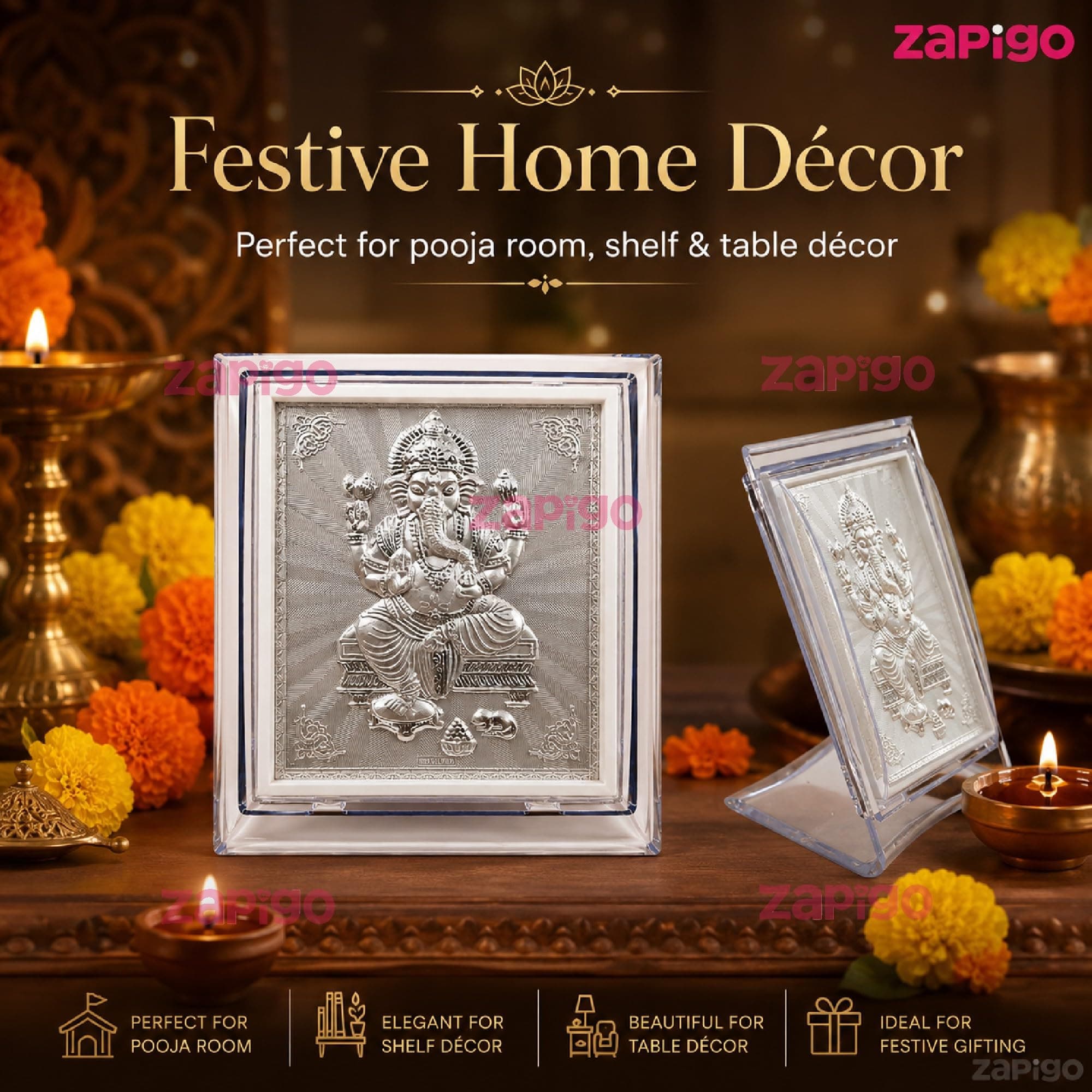 Habba Ganesha Frame Pooja Return Gift Combo for Women, Silver-Finish Acrylic with Stand, Traditional Haldi Kumkum Tambulam Hamper for Ganesh Chaturthi, Weddings, Gruhapravesam, Seemantham, Pack of 5 thumbnail 3