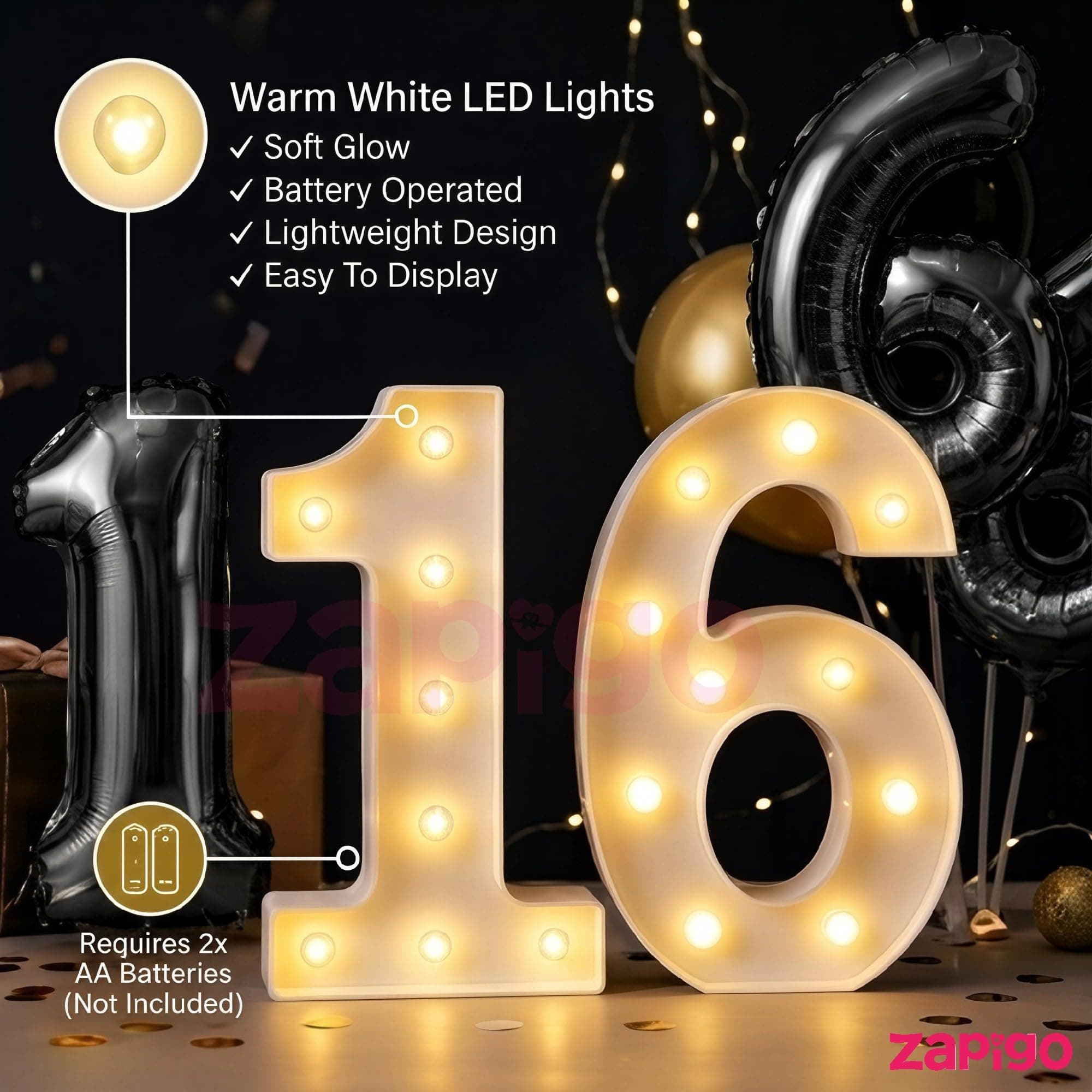 Balloonistics Black 40-Inch Foil Number 19 Balloon with Matching LED Marquee Light - Combo Set for 19th Birthday, Anniversary, Party Decoration, Photo Booth Backdrop thumbnail 6