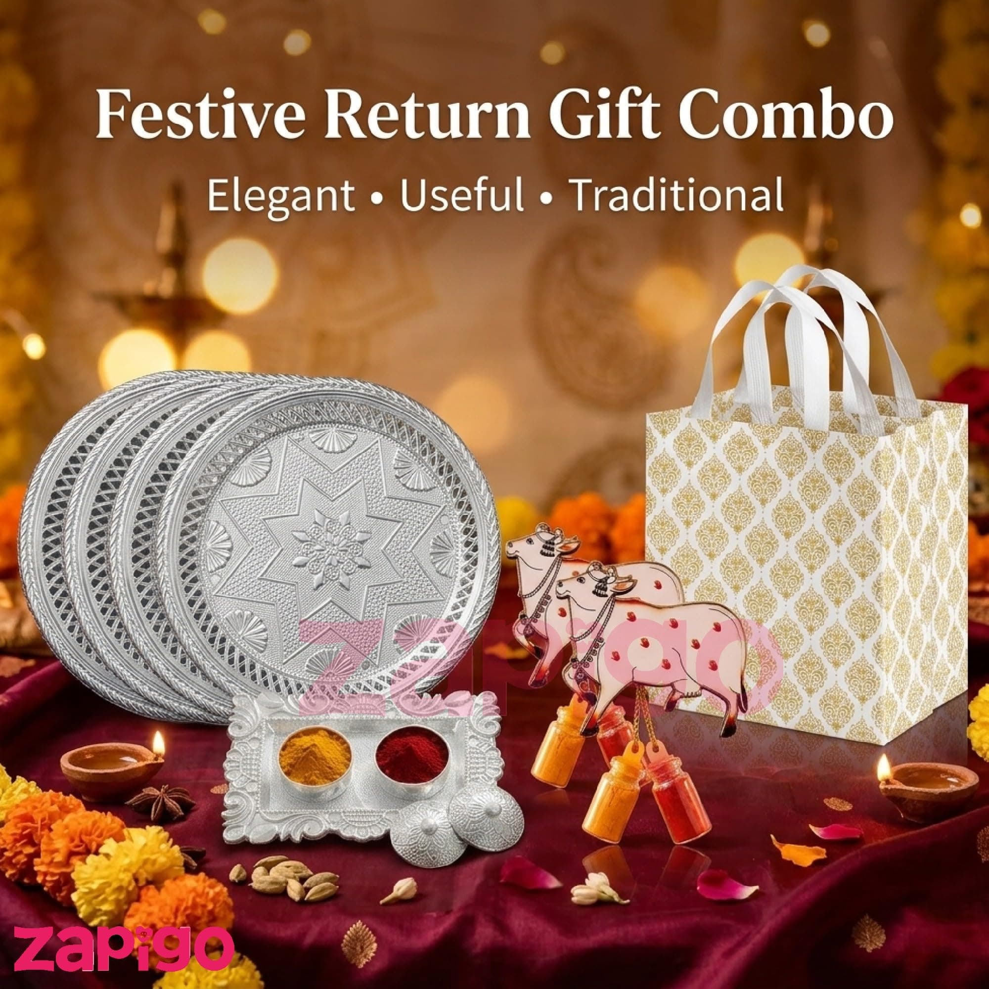 Habba Festive Return Gift Set with Silver Plate, Cow Design Kumkum Holder, Silver Kumkum Set & Laminated Gift Bag, Traditional Haldi Kumkum Return Gift for Diwali, Navratri, Weddings - Pack of 5 thumbnail 3