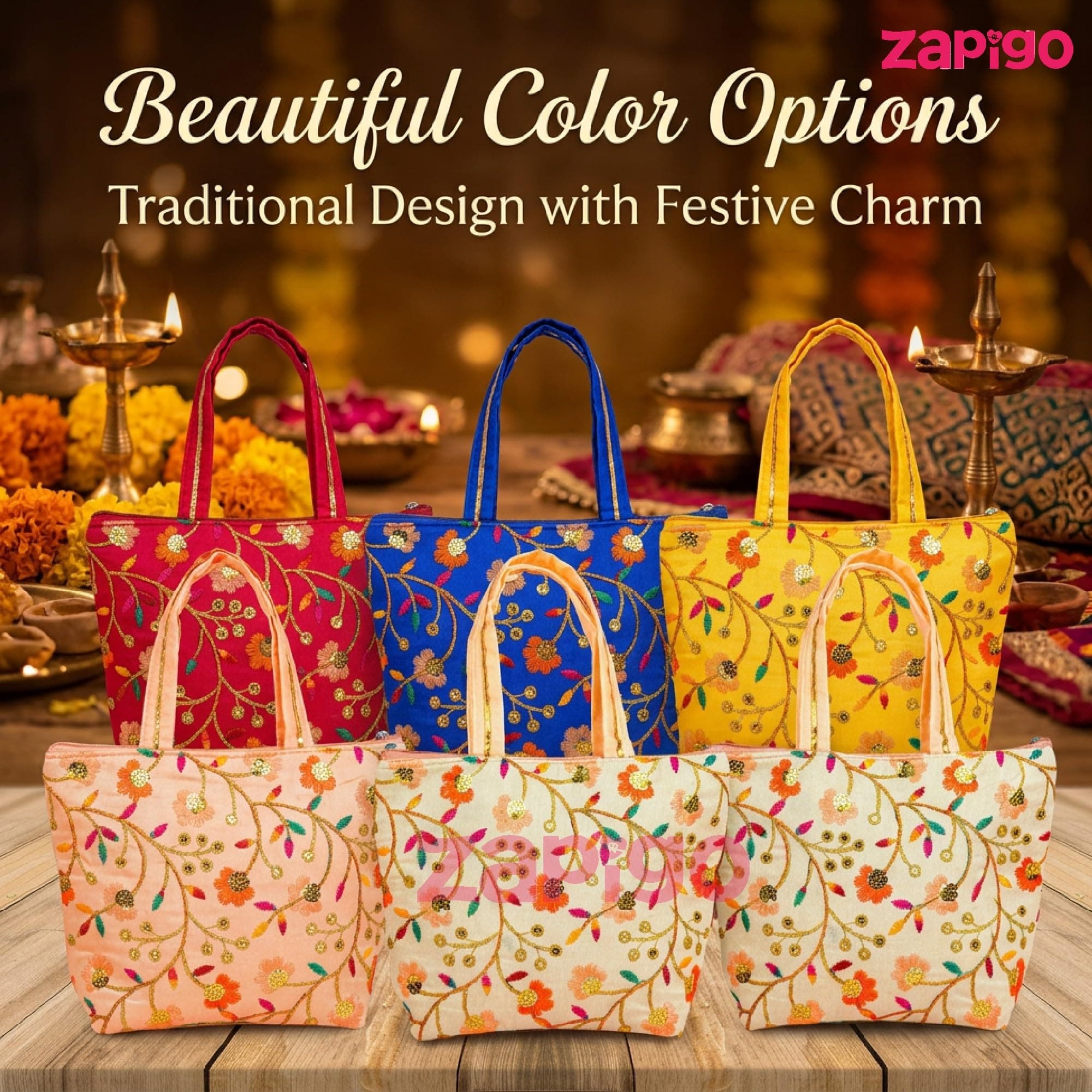 Habba Embroidered Floral Tote Bag for Women, Zip Closure Compact Ethnic Festive Wedding, Mehendi, Haldi, Navratri, Diwali, Baby Shower, Gruhapravesam Return Gift Bag, Pack of 10 thumbnail 6