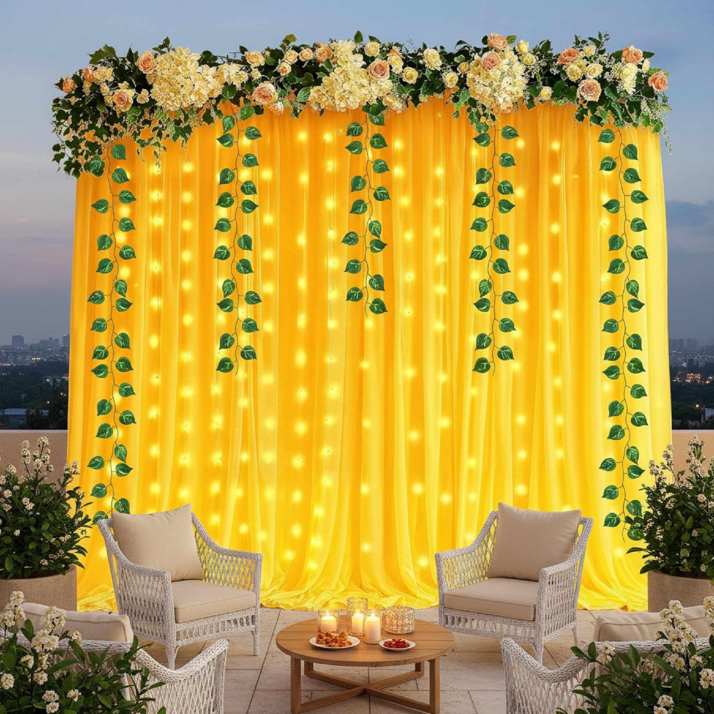 Balloonistics 8 Pcs Haldi Backdrop Decoration Kit – Vibrant Yellow Net Curtains with Money Plant Vines, Hooks & Ribbon – DIY Home Celebration Set for Haldi, Mehendi & Pooja thumbnail 1