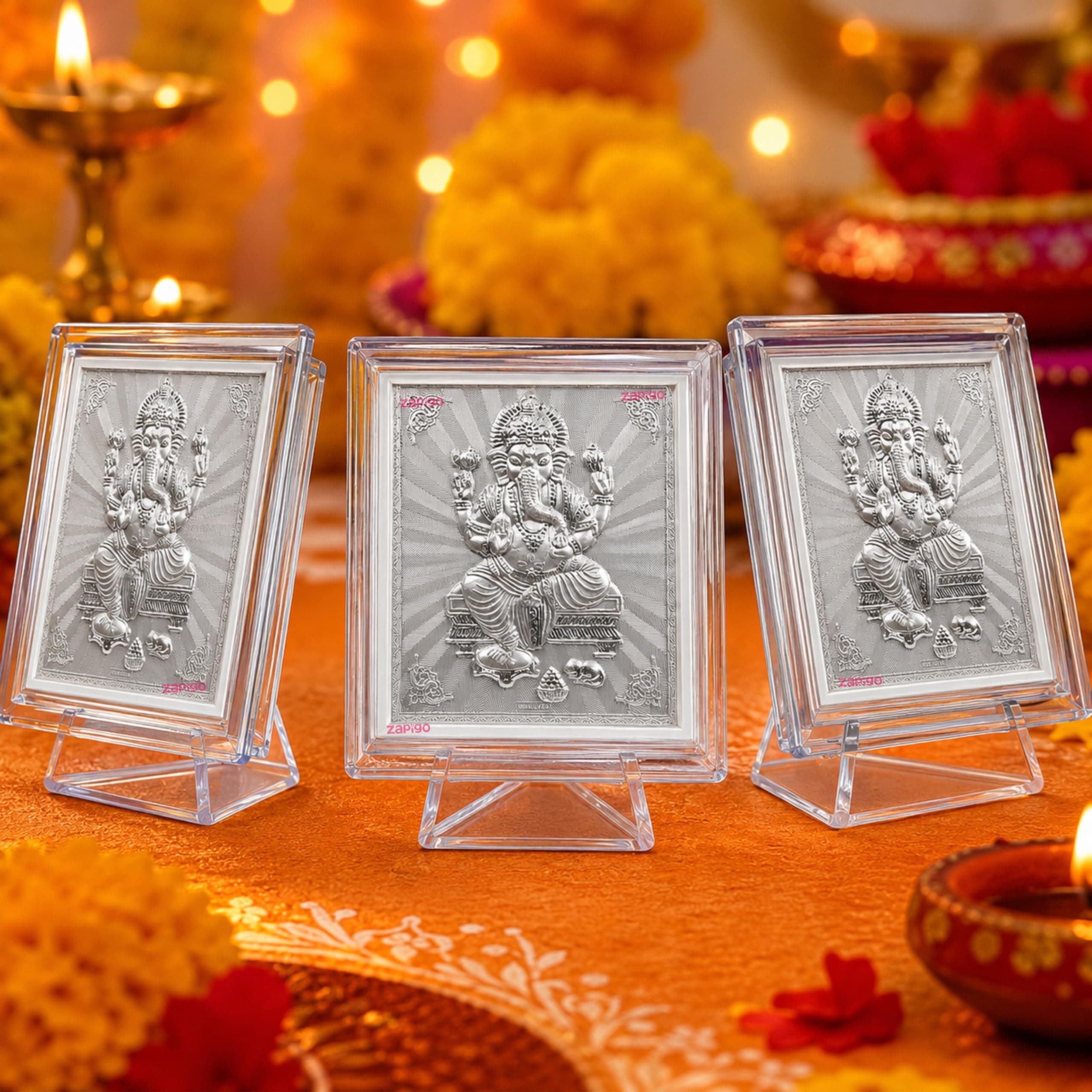 Habba Ganesha Frame Pooja Return Gift Combo for Women, Silver-Finish Acrylic with Stand, Traditional Haldi Kumkum Tambulam Hamper for Ganesh Chaturthi, Weddings, Gruhapravesam, Seemantham, Pack of 5 thumbnail 1