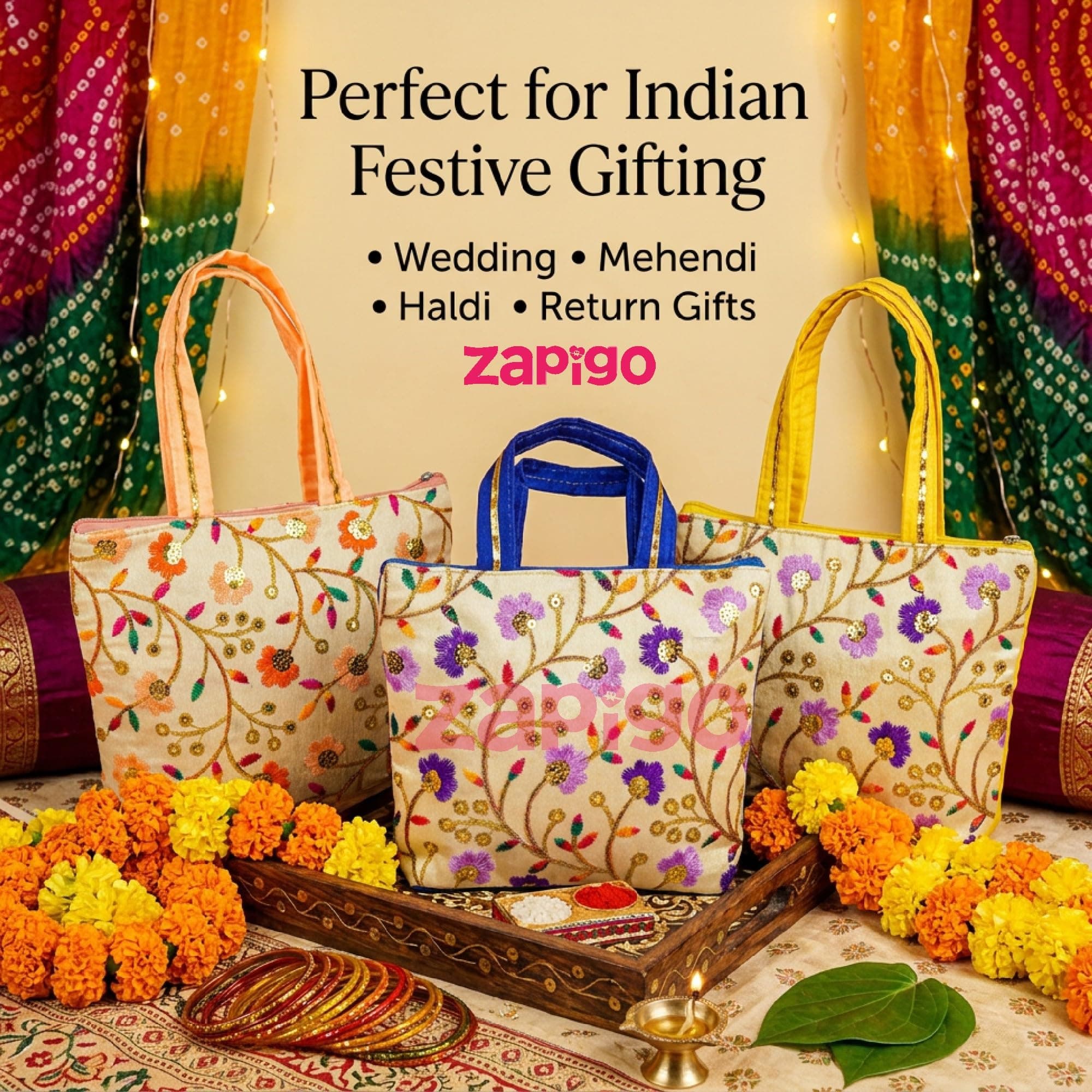 Habba Embroidered Floral Tote Bag for Women, Zip Closure Compact Ethnic Festive Wedding, Mehendi, Haldi, Navratri, Diwali, Baby Shower, Gruhapravesam Return Gift Bag, Pack of 10 thumbnail 5