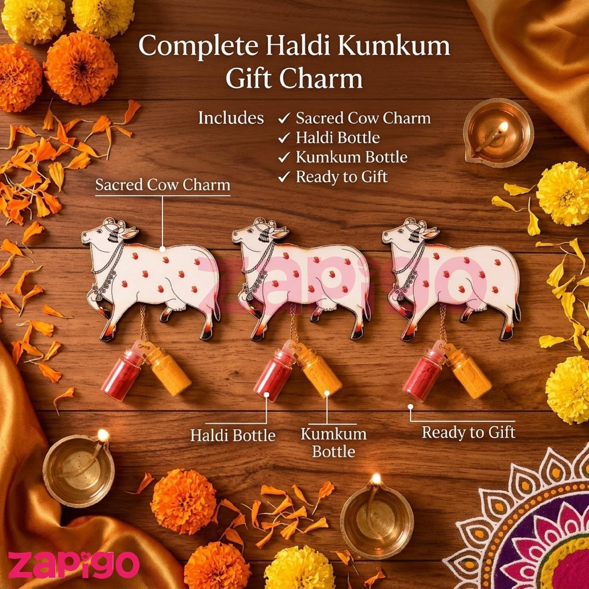 Habba Cow Design Haldi Kumkum Set, Pasupu Kumkum Dome Glass Bottle, Traditional Pooja Return Gift for Diwali, Navratri, Varalakshmi Vratham, Wedding & Festivals - Pack of 10 thumbnail 7