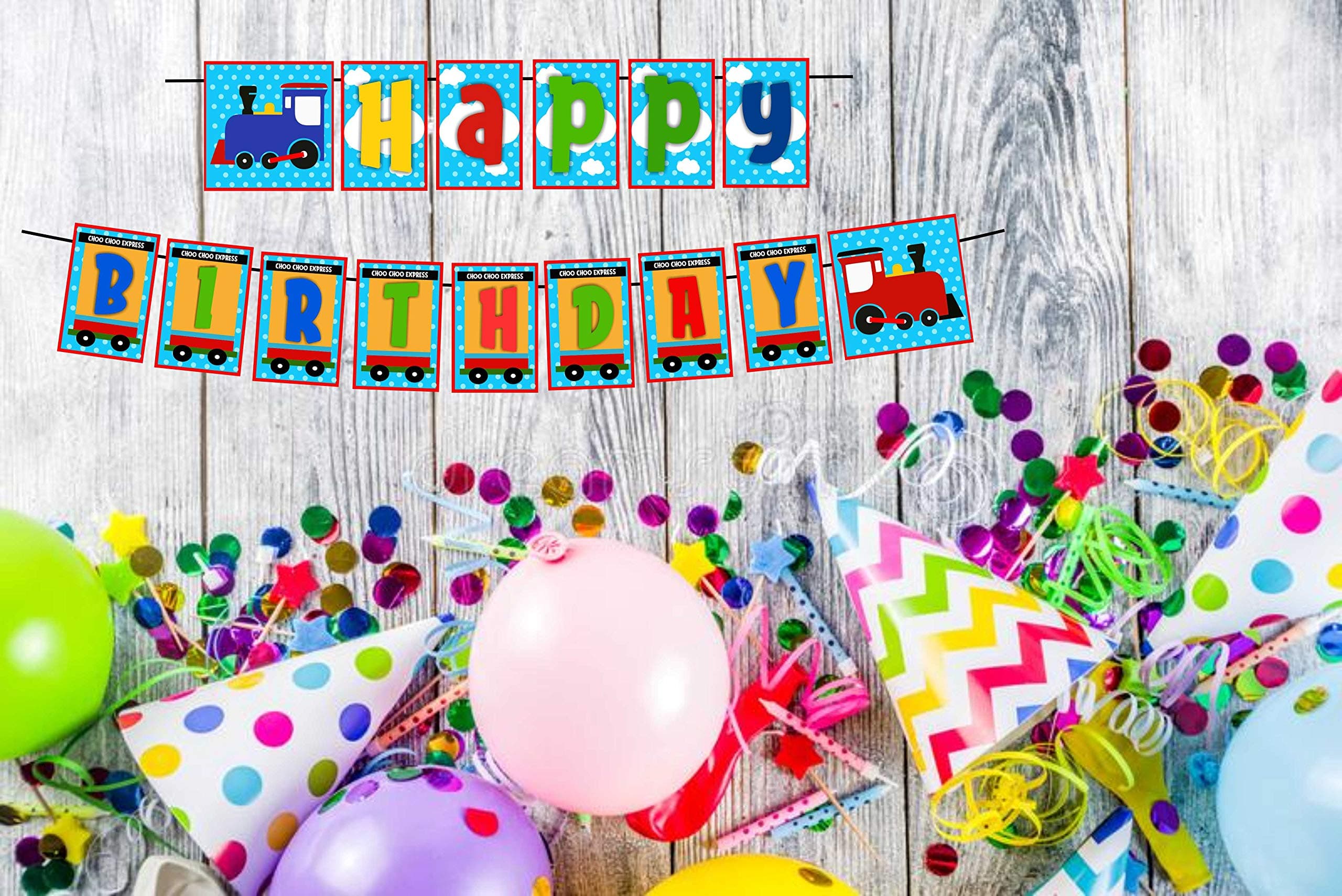 Balloonistics Train Birthday Theme Happy Birthday Banner Steam Engine Rail Birthday Decorations for Kids Durable Cardstock Party Backdrop with Ribbon (Happy Birthday Banner) thumbnail 1