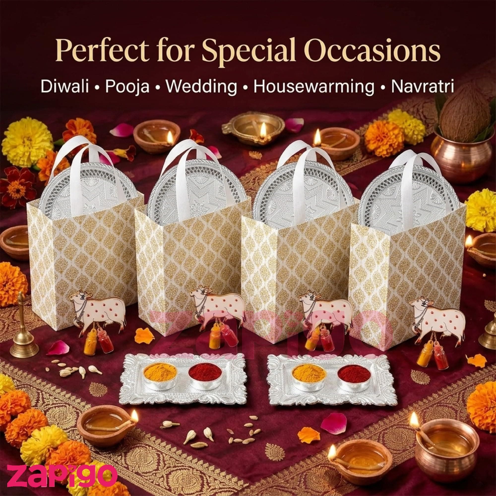 Habba Festive Return Gift Set with Silver Plate, Cow Design Kumkum Holder, Silver Kumkum Set & Laminated Gift Bag, Traditional Haldi Kumkum Return Gift for Diwali, Navratri, Weddings - Pack of 5 thumbnail 7
