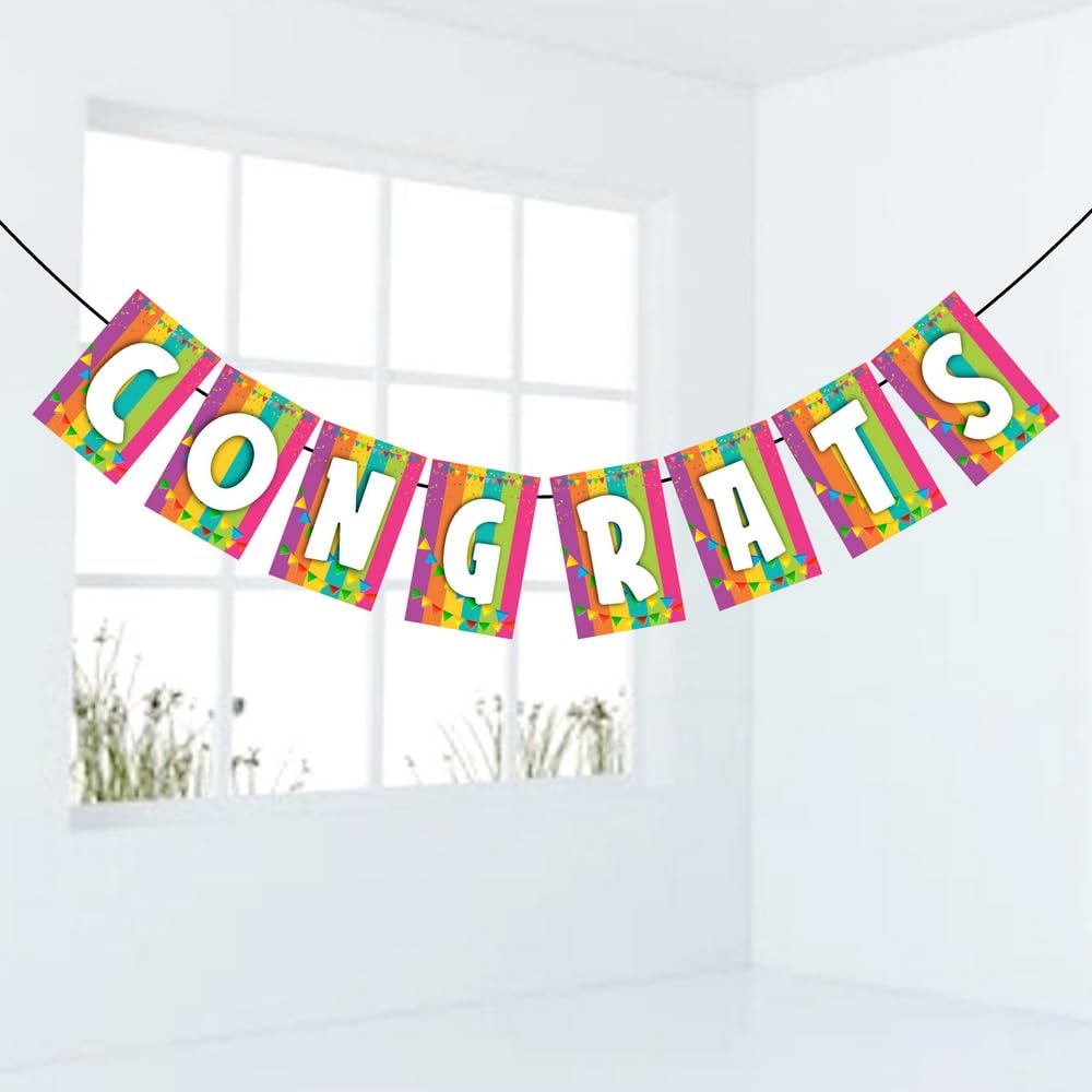 Balloonistics "Congrats" Banner - Cardstock Congratulations Bunting for Graduation, Engagements & Milestone Parties - Elegant Script Achievement Backdrop with Ribbons