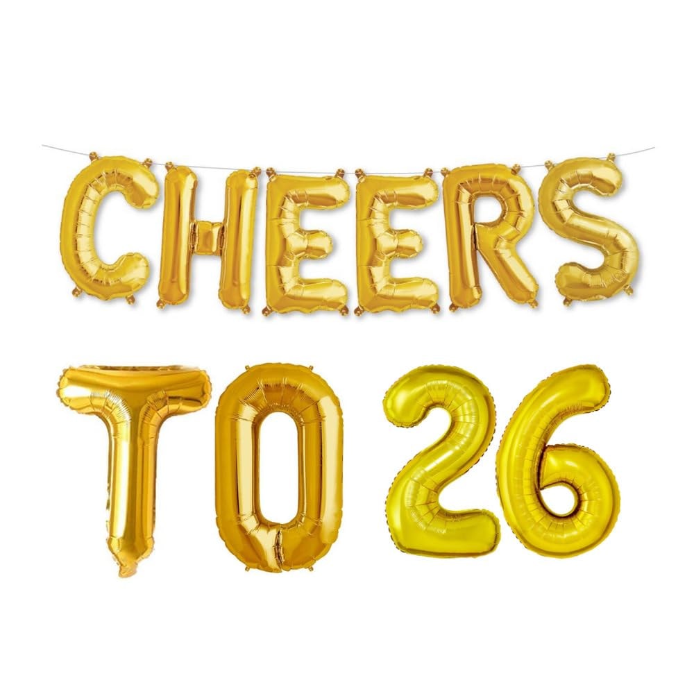 Balloonistics 'Cheers to 26' Gold Foil Balloon – 26th Birthday & Anniversary Party Decoration