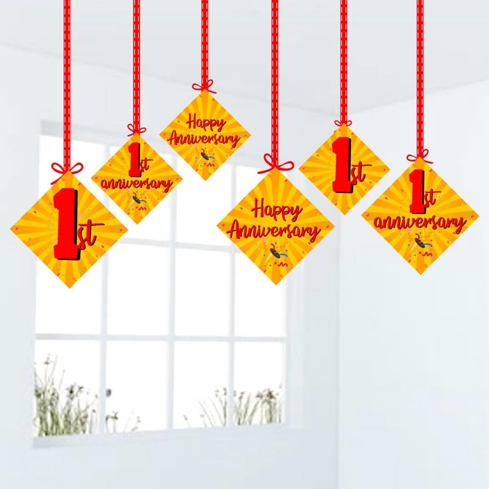 Balloonistics 1st Anniversary Hanging Decorations Double-Sided Multicolor Cardstock Ceiling Decor with Ribbons Anniversary Party Supplies for Home (Hangings - Pack of 12)
