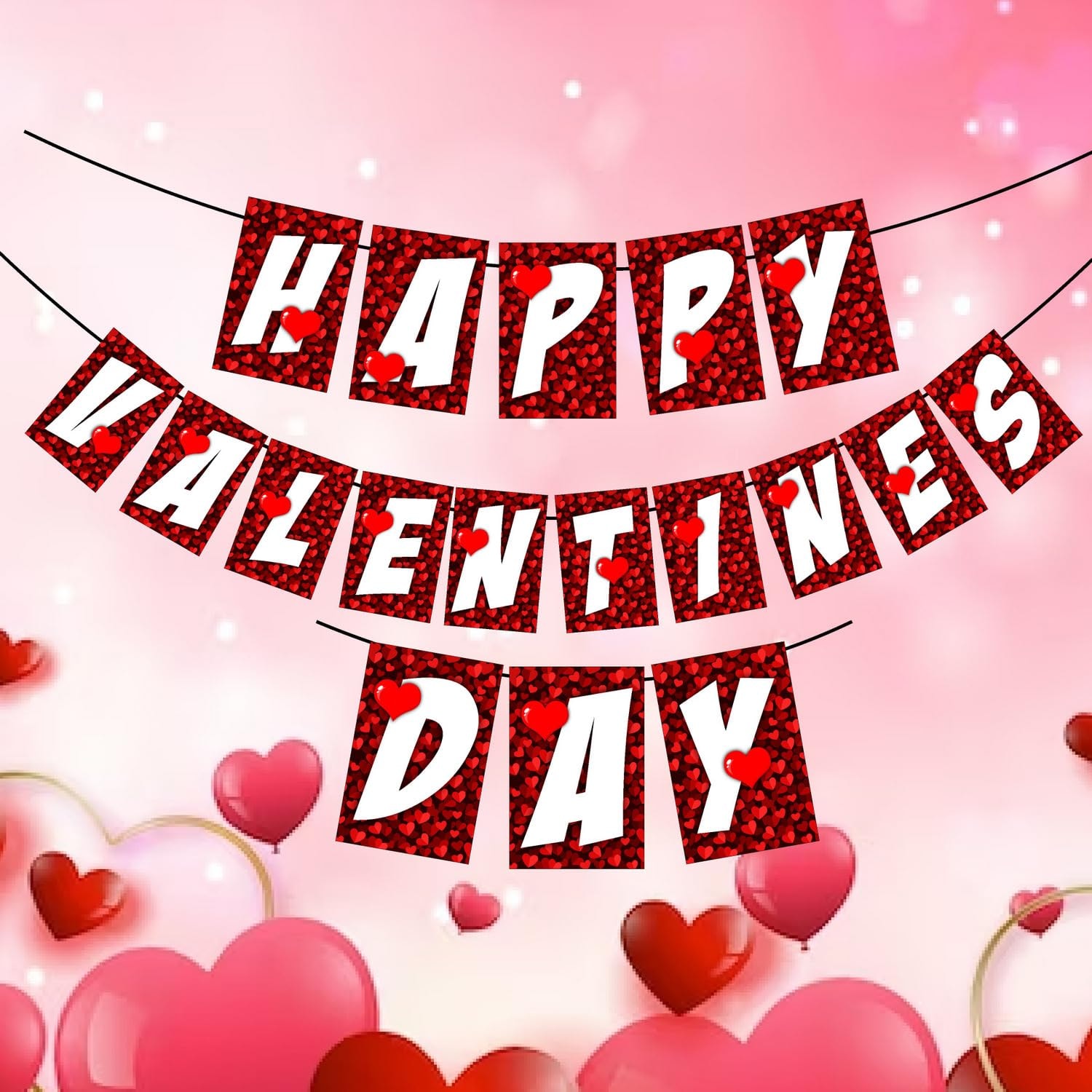Balloonistics Happy Valentine’s Day Banner - Red Glitter Heart Cardstock Bunting - Romantic Holiday Party Decorations, "Happy Valentine’s Day" Love-Themed Backdrop