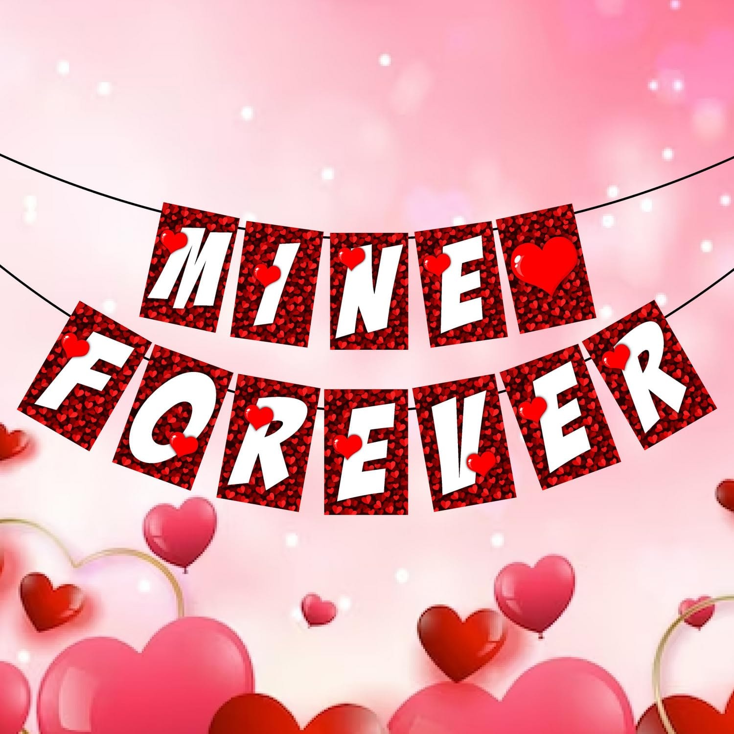 Balloonistics Mine Forever Banner - Red Glitter Heart Cardstock Bunting - Romantic Anniversary, Proposal & Valentine’s Day Decorations, "Mine Forever" Love-Themed Backdrop