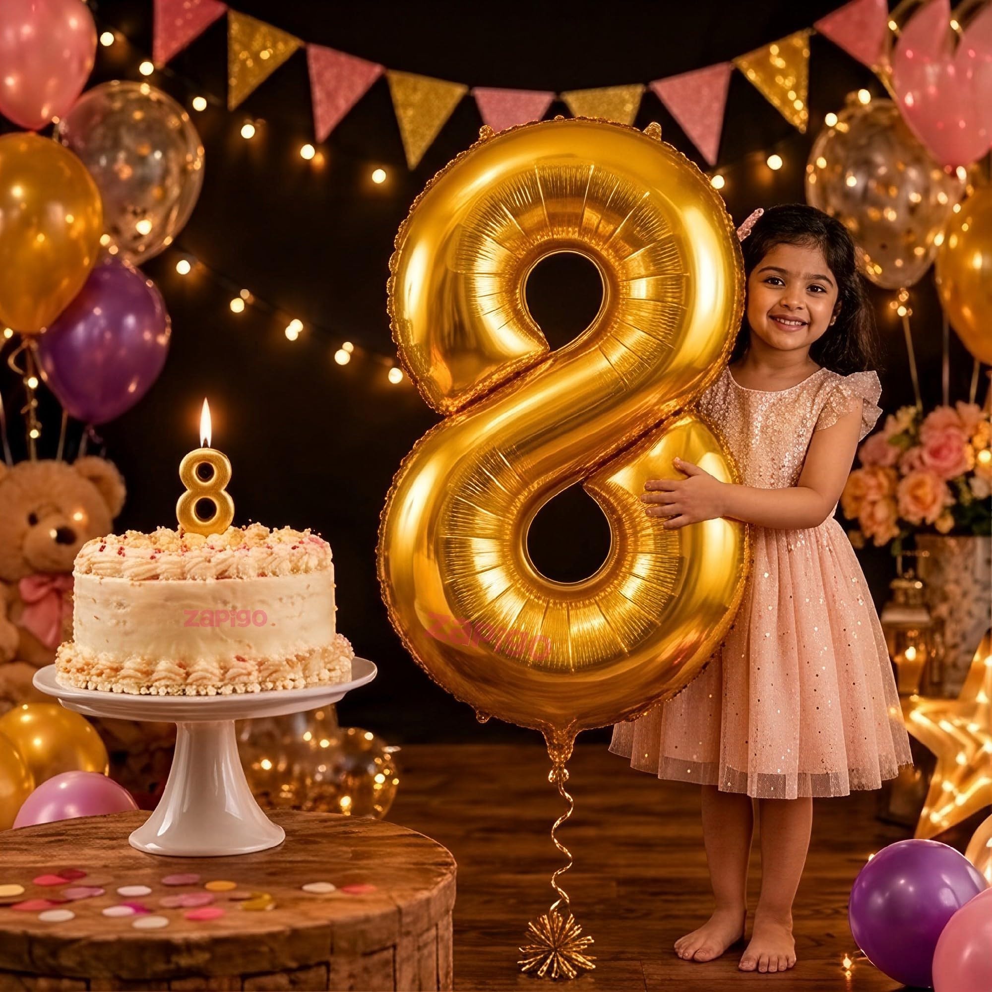Balloonistics Gold 40-Inch Foil Number 8 Balloon with Matching Number Candle - Combo Set for 8th Birthday, Anniversary, Party Decoration, Photo Booth Backdrop, Cake Table Decor