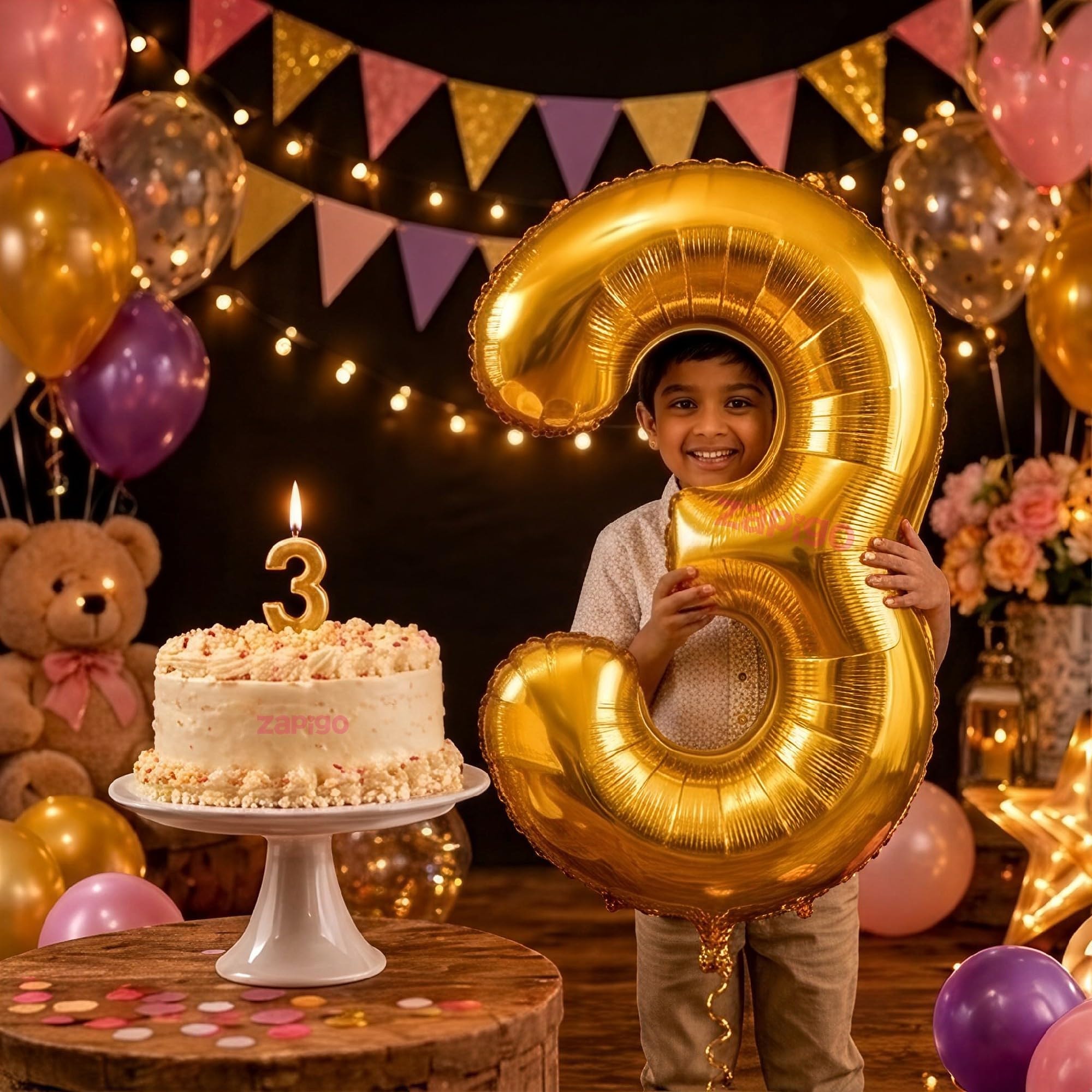 Balloonistics Gold 40-Inch Foil Number 3 Balloon with Matching Number Candle - Combo Set for 3rd Birthday, Anniversary, Party Decoration, Photo Booth Backdrop, Cake Table Decor