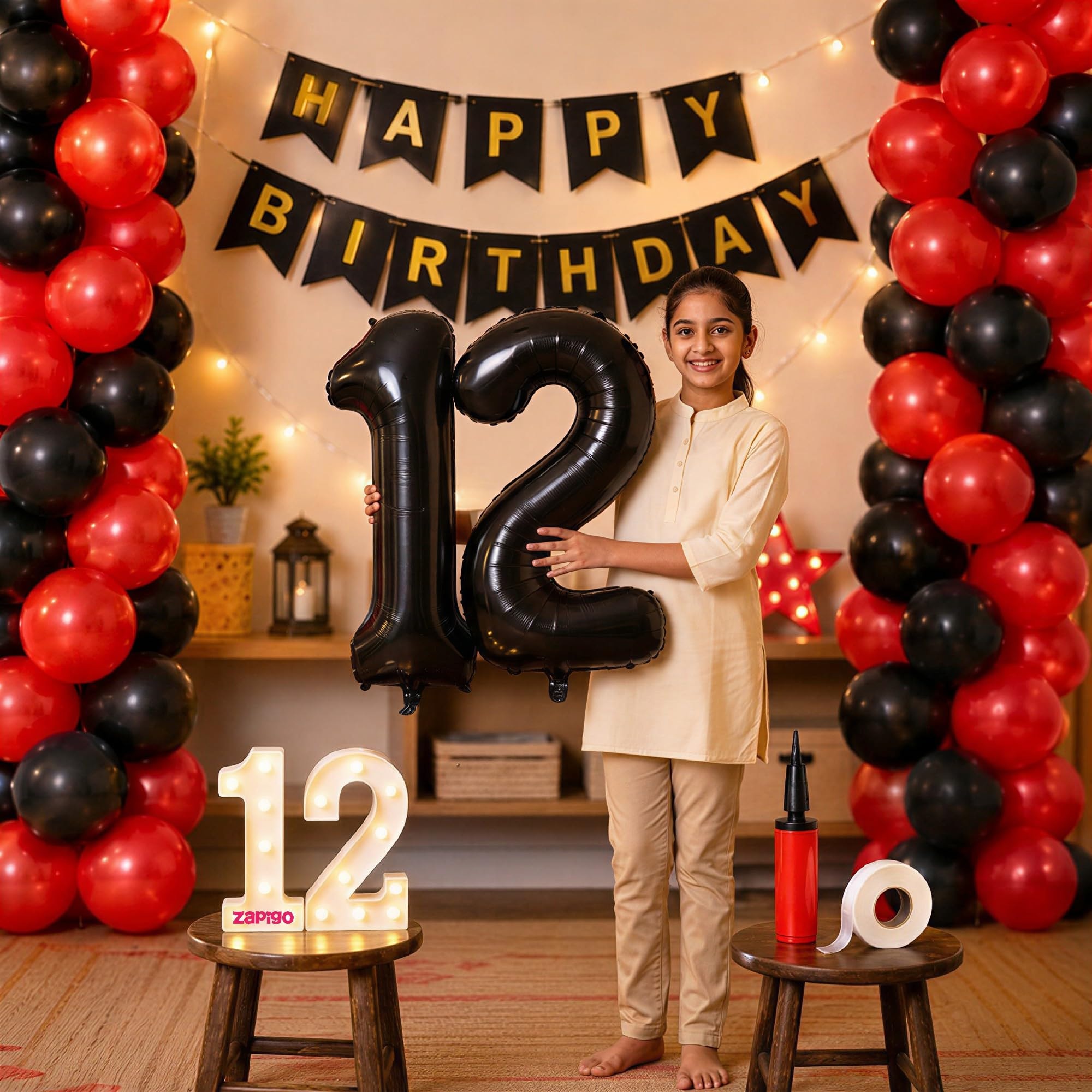 Balloonistics 12th Birthday Decoration Combo Kit - 40 Inch Black Foil Number Balloon, LED Marquee Light, 50 Black & Red Balloons, Happy Birthday Banner, Balloon Pump & Glue Dots