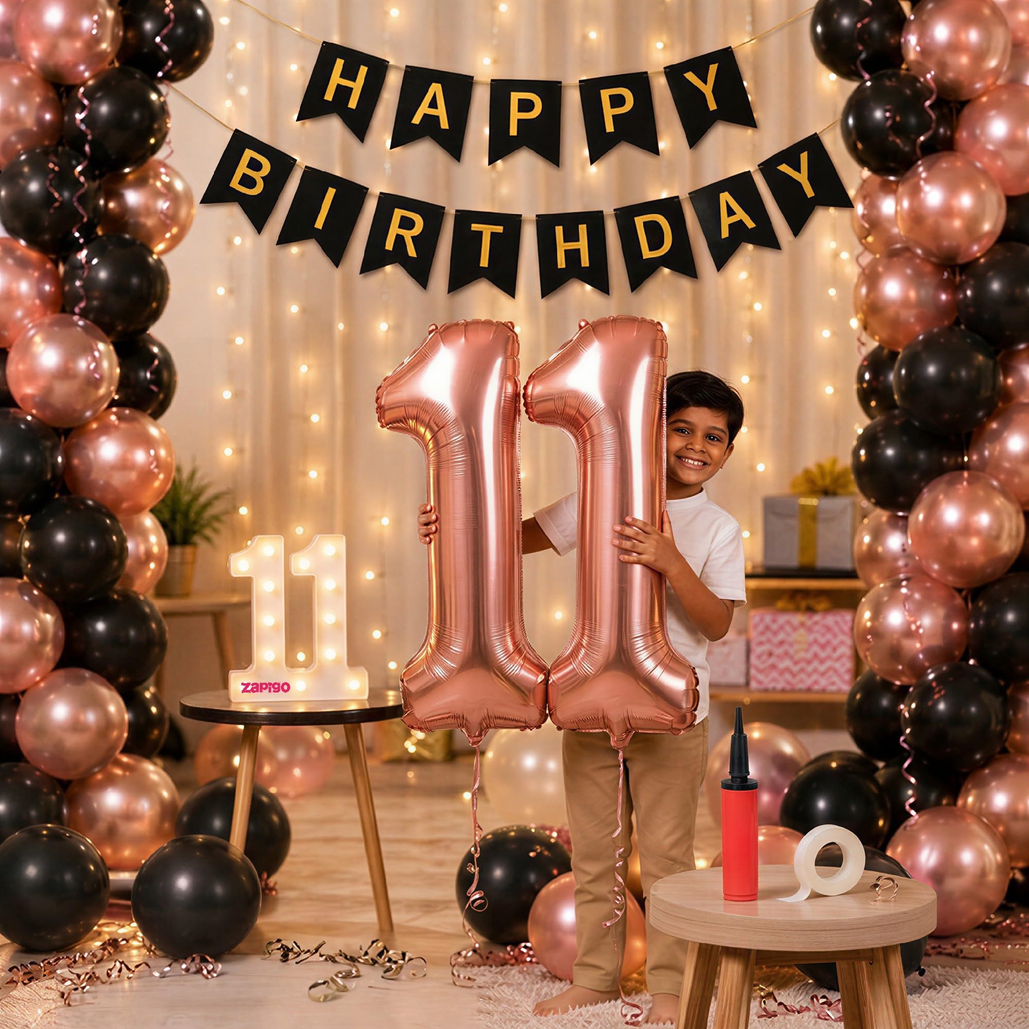 Balloonistics 11th Birthday Decoration Combo Kit - 40 Inch Rose Gold Foil Number Balloon, LED Marquee Light, 50 Rose Gold & Black Balloons, Happy Birthday Banner, Balloon Pump & Glue Dots