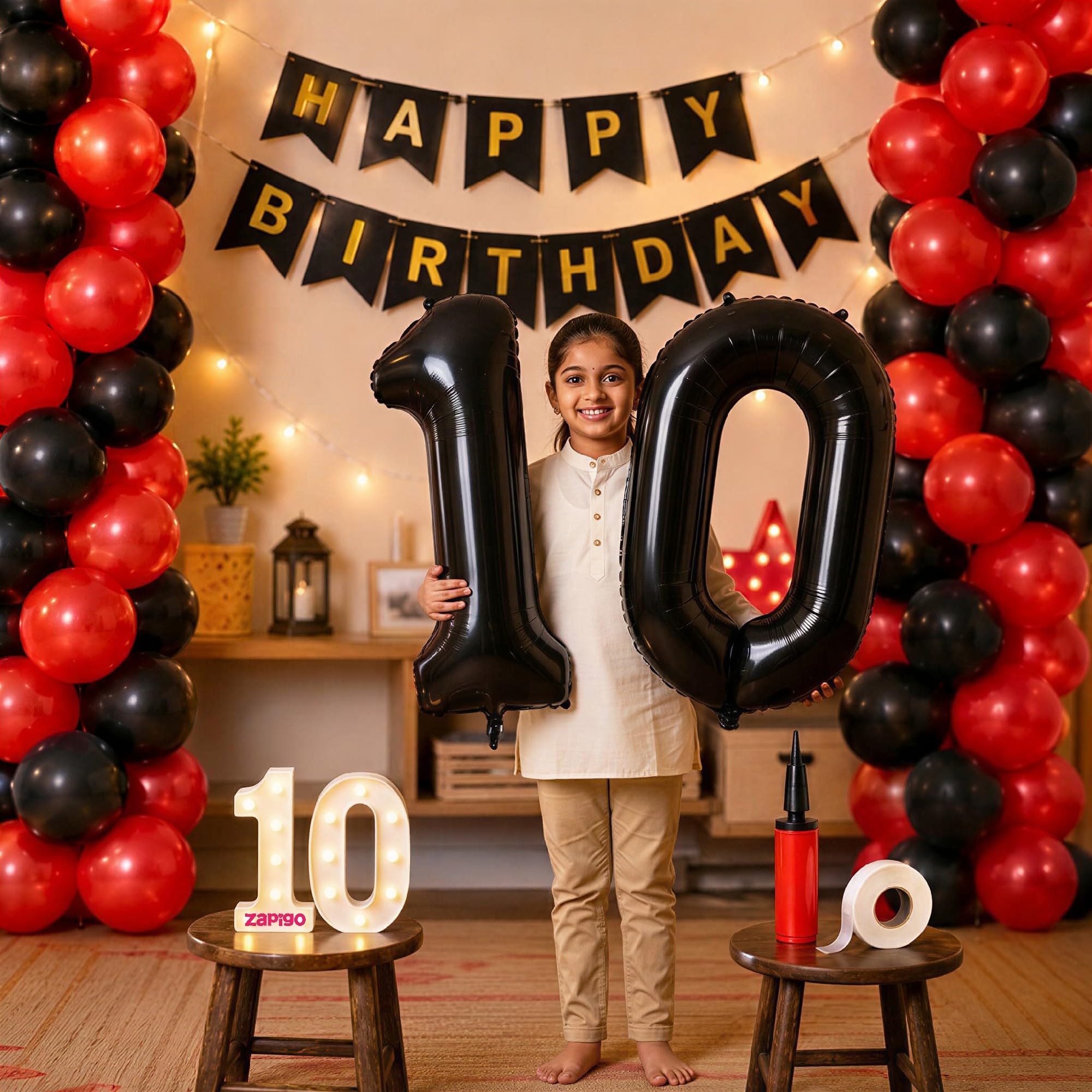 Balloonistics 10th Birthday Decoration Combo Kit - 40 Inch Black Foil Number Balloon, LED Marquee Light, 50 Black & Red Balloons, Happy Birthday Banner, Balloon Pump & Glue Dots