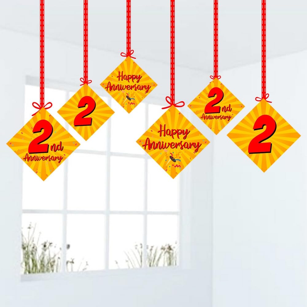 Balloonistics 2nd Anniversary Hanging Decorations Double-Sided Multicolor Cardstock Ceiling Decor with Ribbons Anniversary Party Supplies for Home (Hangings - Pack of 12)
