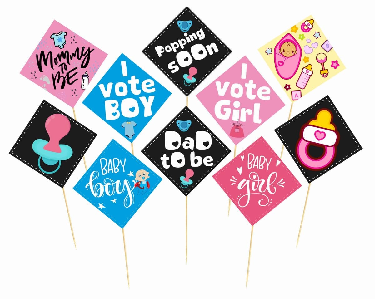 Balloonistics Baby Shower Photo Booth Props - Pre-Assembled Cardstock Props on Sticks - Boho & Floral Themes - Fun "Mom-to-Be," and Baby Icon Photo Accessories for Boys & Girls ( Pack of 10)