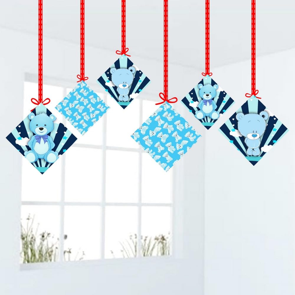 Balloonistics Blue Teddy Bear Birthday Hanging Decorations - Pack of 12 Double-Sided Cardstock Swirls & Cutouts - Premium Cuddly Bear Theme Party Decor with Ribbons - Perfect for Boys’ Birthdays & Room Decor (Hangings - Pack of 12)