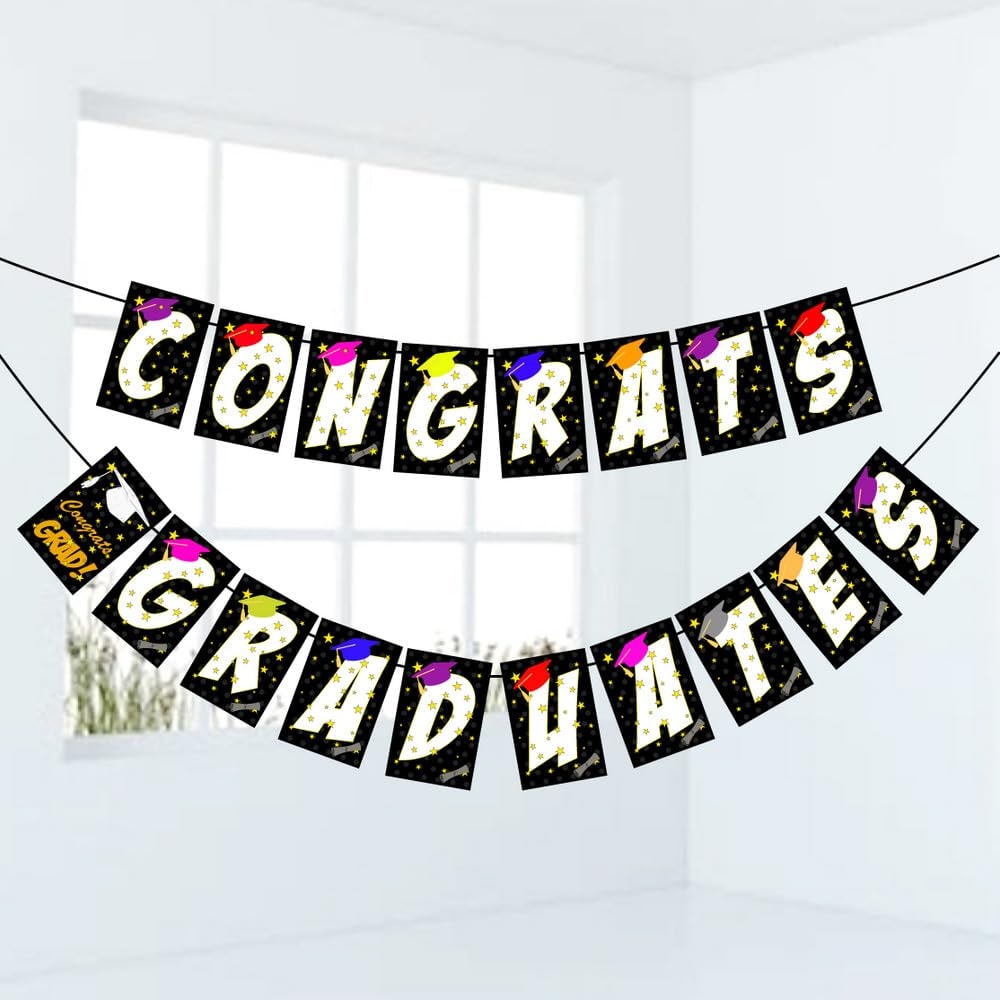 Balloonistics Congrats Graduate Banner – Black & Gold Graduation Bunting – Premium Cardstock Party Decoration for High School, College & University Graduation Celebrations