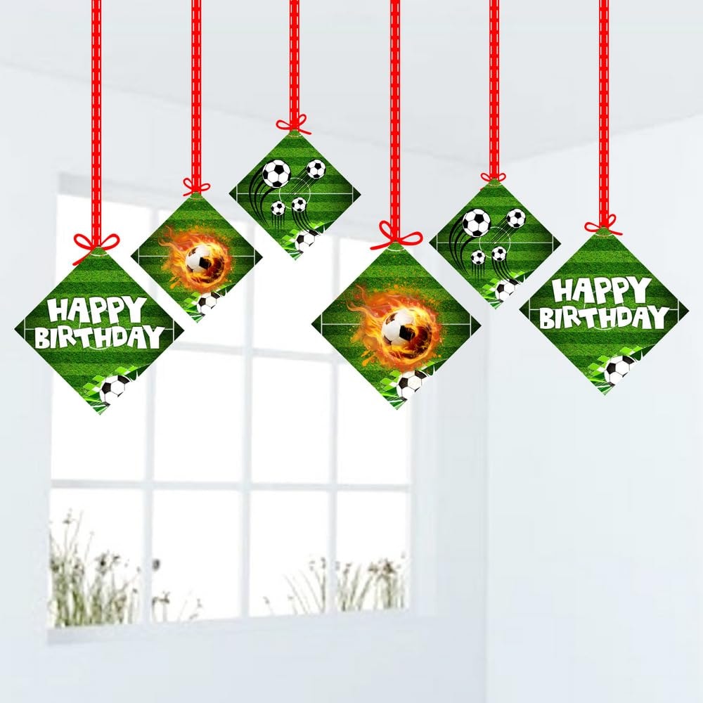 Balloonistics Football Theme Happy Birthday Hanging Decorations - Double-Sided Cardstock Soccer Stadium Cutouts - Sports Theme Ceiling Decor for Boys & Fans - Includes Ribbons (Hangings - Pack of 12)