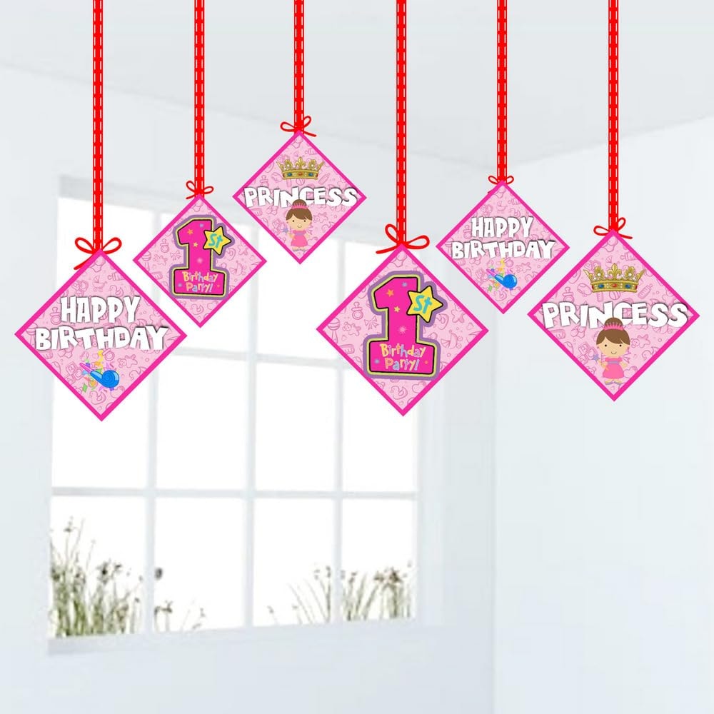 Balloonistics Girl 1st Birthday Theme Hanging Decorations Double-Sided Cardstock Ceiling Hangings with Ribbons Premium Party Decor (Hangings - Pack of 12)