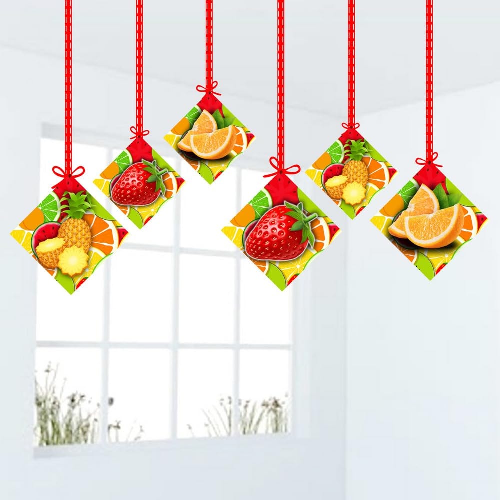 Balloonistics Fruit Theme Happy Birthday Hanging Decorations - Double-Sided Cardstock "Tutti Frutti" Cutouts - Summer Berry & Citrus Ceiling Decor for Kids - Includes Ribbons (Hangings - Pack of 12)