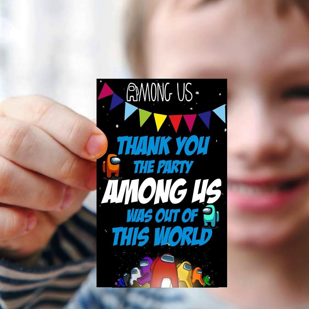 Balloonistics Among Us Theme Thank You Cards & Glue Dots – Premium Cardstock Return Gift Tags for Kids' Among Us Birthday Party Favours (Pack of 20)
