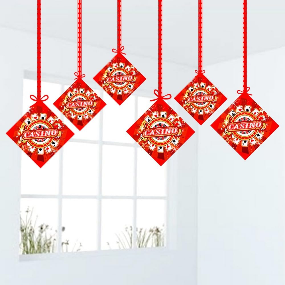 Balloonistics Casino Theme Birthday Hanging Decorations (Pack of 12) - Double-Sided Cardstock Swirls & Cutouts for Las Vegas Style Parties - Poker Night & Casino Royale Ceiling Decor with Ribbons (Hangings - Pack of 12)