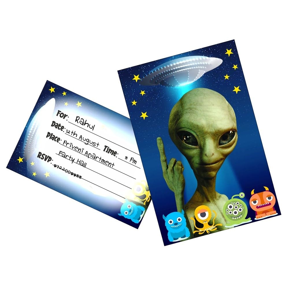 Balloonistics Aliens Theme Birthday Invitation Cards - Pack of 10 Out of This World Galaxy & Outer Space Invites with Envelopes - Double-Sided Cardstock Fill-in Invitations for Kids & Adults, UFO & Martian Party Supplies (Invite Cards - Pack of 10)