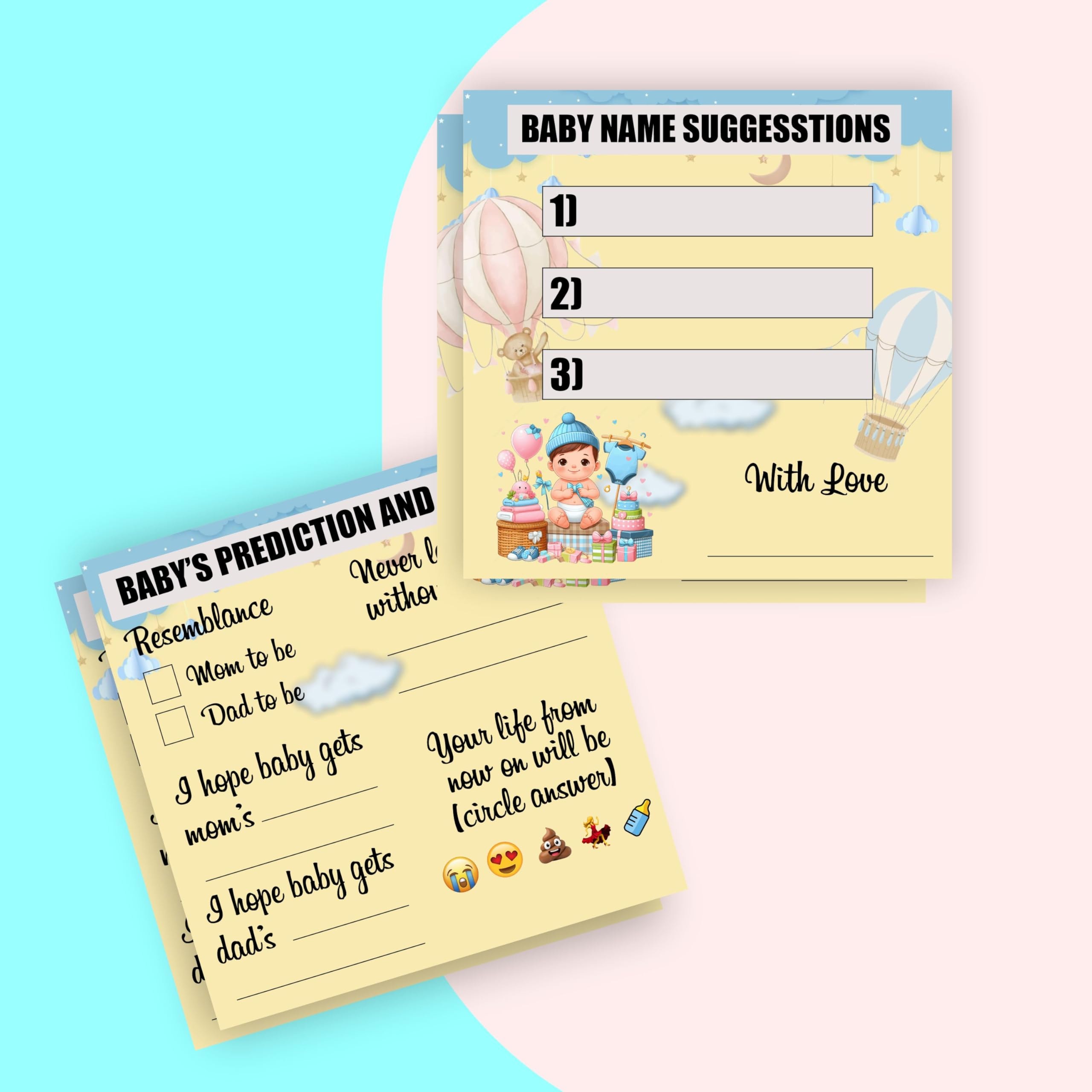 Balloonistics Baby Shower Activity Cards – Pack of 20 (10 Each) – Teddy Bear & Parachute Theme – Predictions, Wishes, Advice & Name Suggestions – Premium 4x4 Inch Cardstock Guest Games