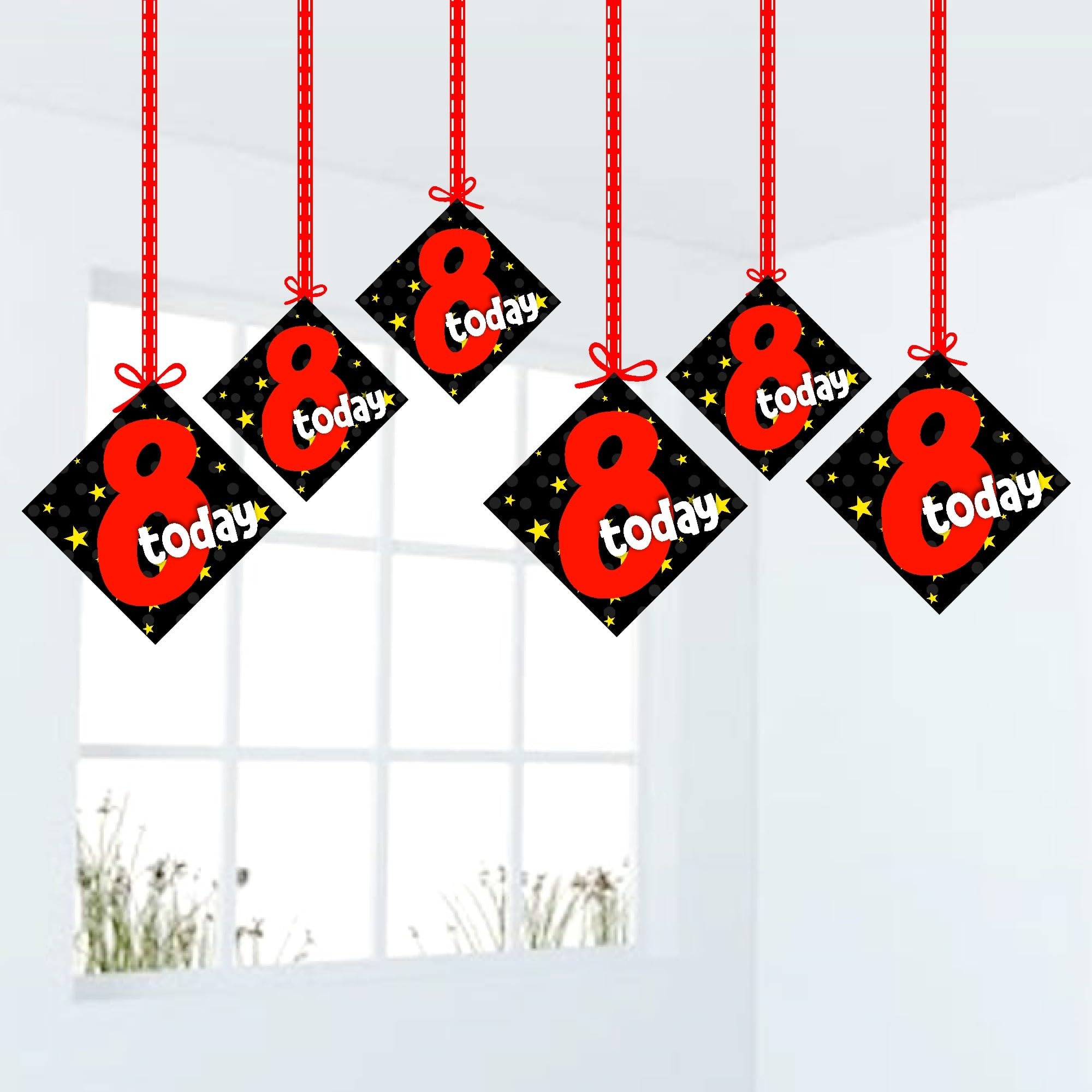 Balloonistics "I Am Eight" 8th Birthday Hanging Decorations Double-Sided Cardstock with Ribbons Multicolor Party Supplies for Kids (Hangings - Pack of 12)
